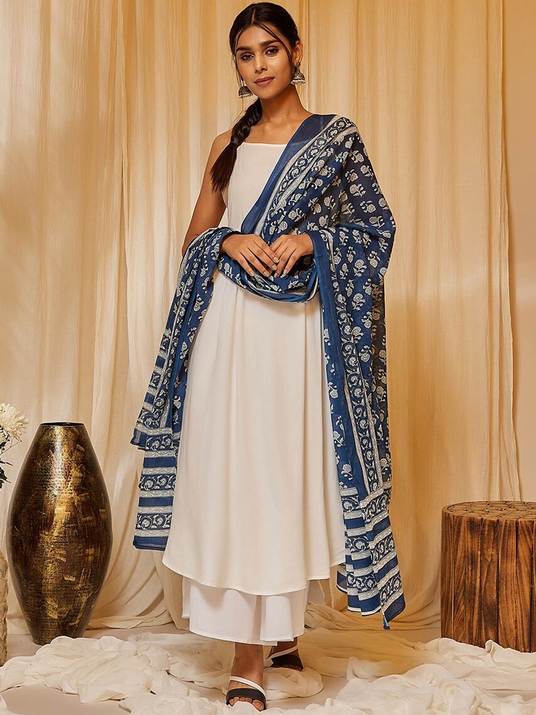 

InWeave Shoulder Straps Kurta With Palazzos & Dupatta, White