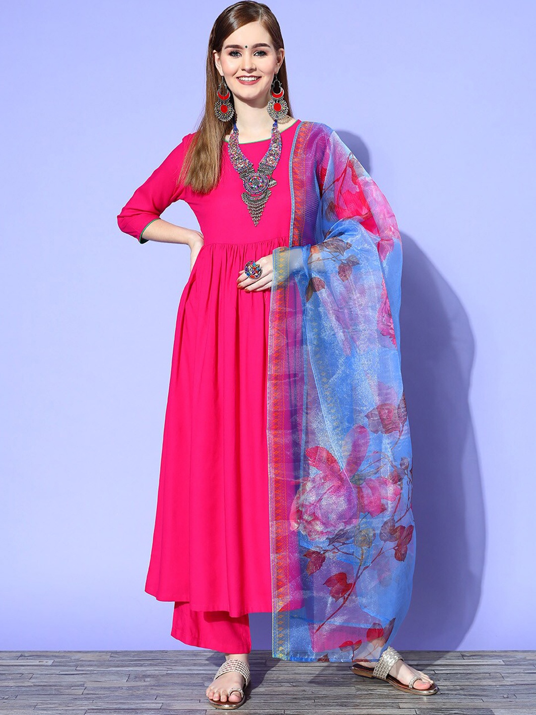 

InWeave Round Neck Pleated Anarkali Kurta with Palazzos & Dupatta, Fuchsia