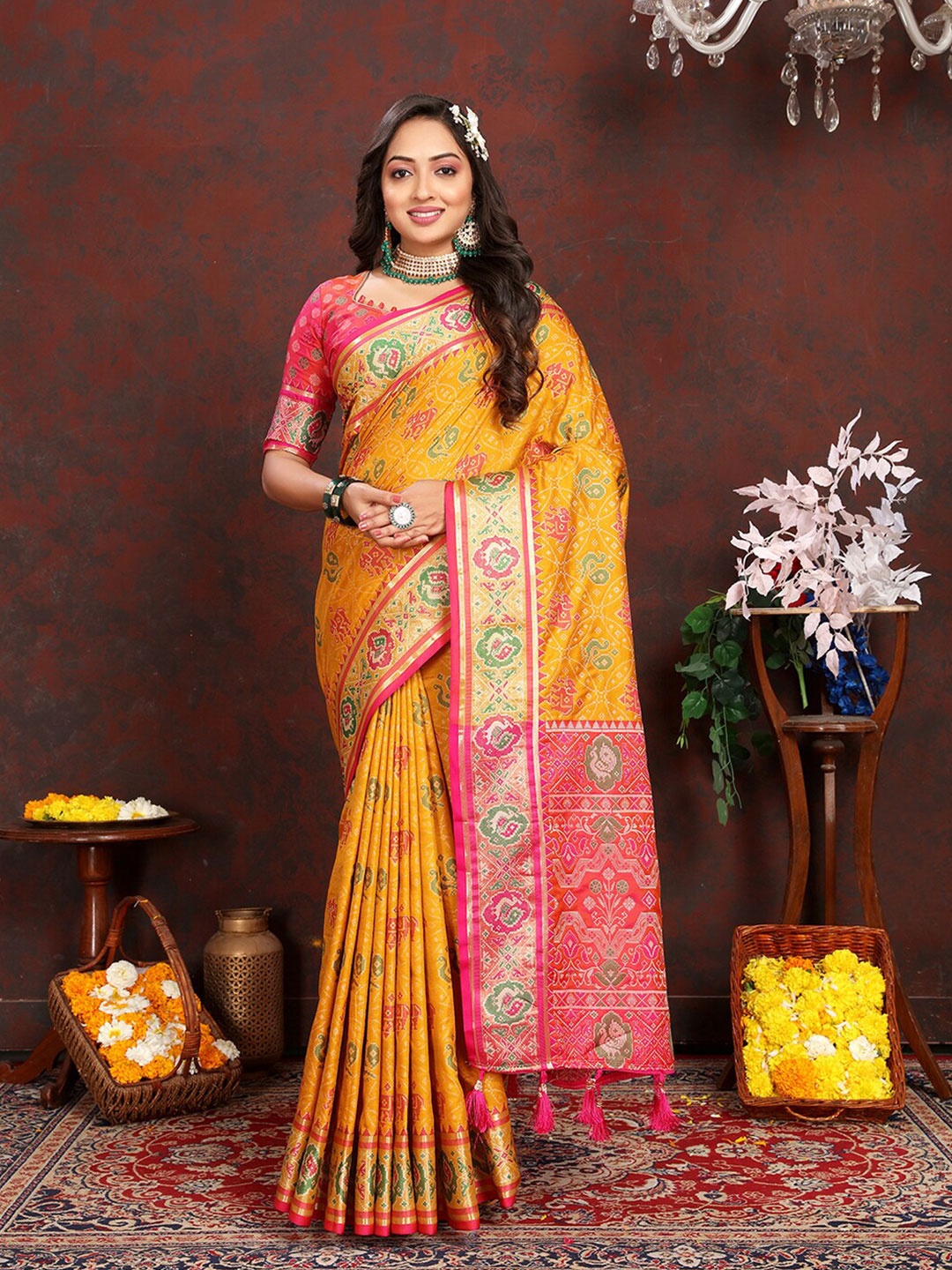 

MARGI DESIGNERS Woven Design Zari Patola Saree, Yellow