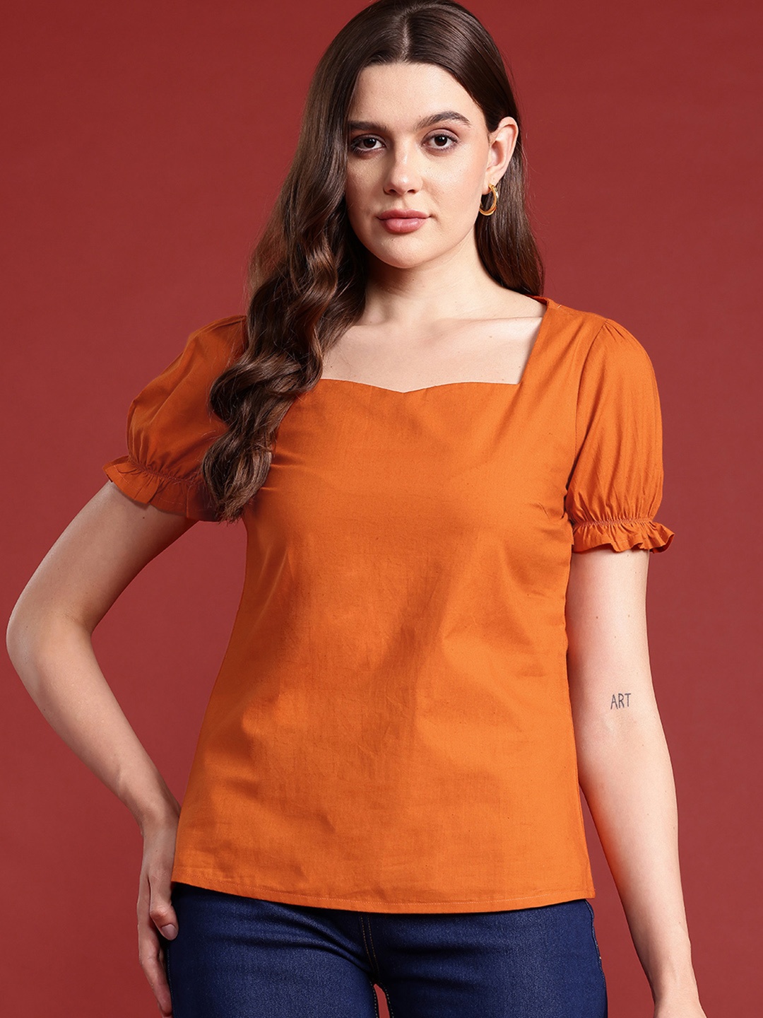 

all about you Sweetheart Neck Cotton Top, Orange