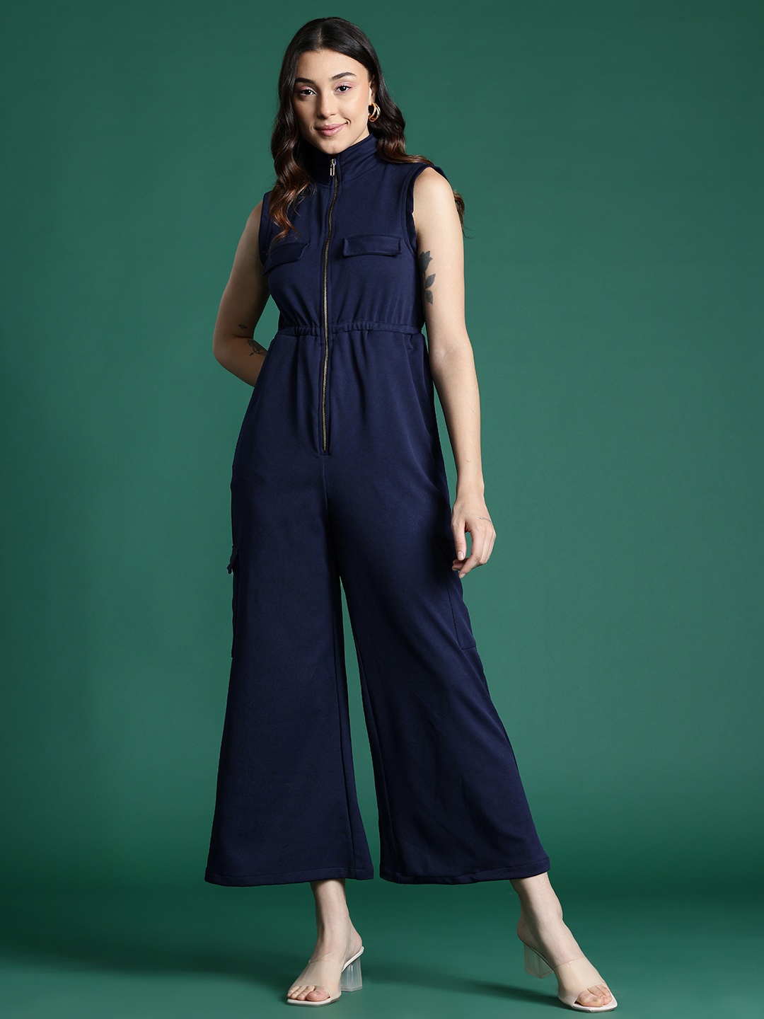 

DressBerry Half Zipper Cargo-Style Jumpsuit, Navy blue