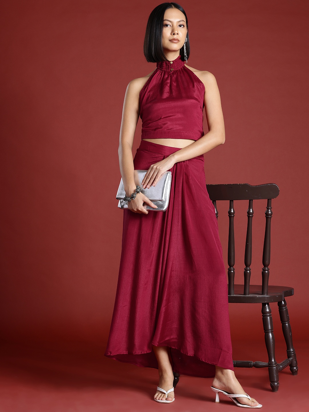 

all about you Halter Neck Top With A-Line Pleated Skirt, Maroon