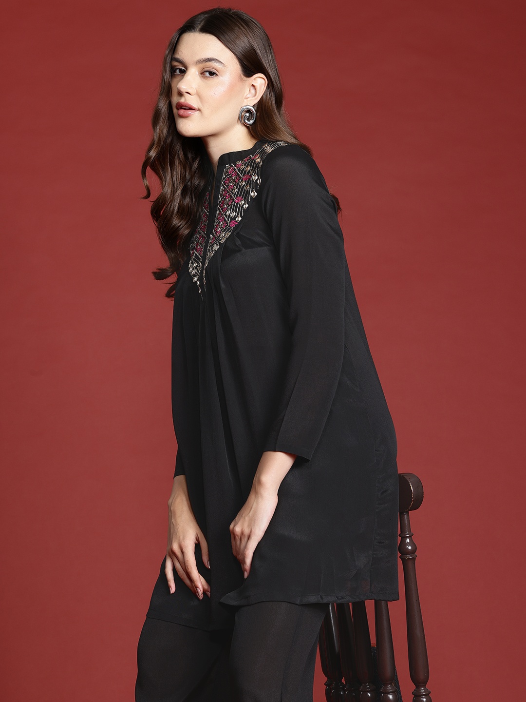 

all about you Embroidered A-line Kurta with Trousers, Black