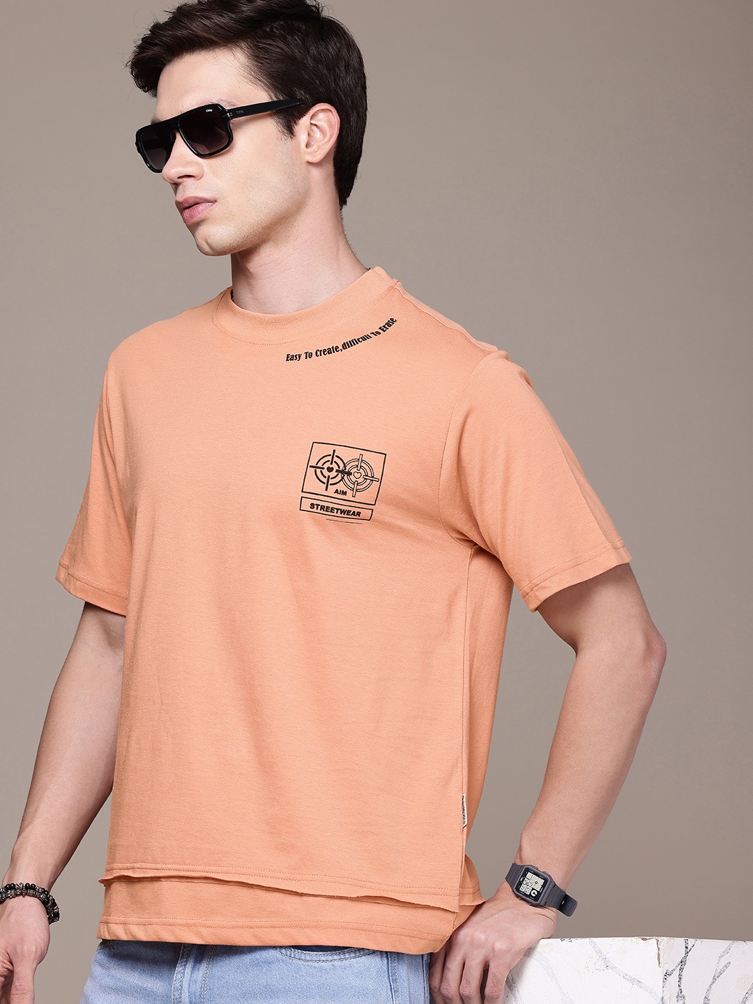 

The Roadster Life Co. Round Neck Oversized T-shirt, Peach