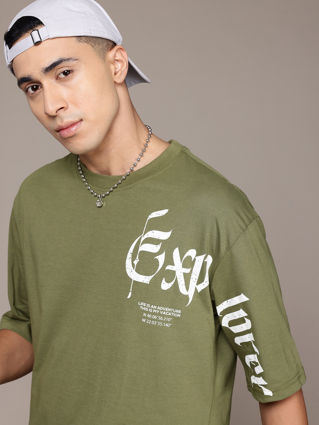 

The Roadster Lifestyle Co. Typography Printed Oversized T-shirt, Olive