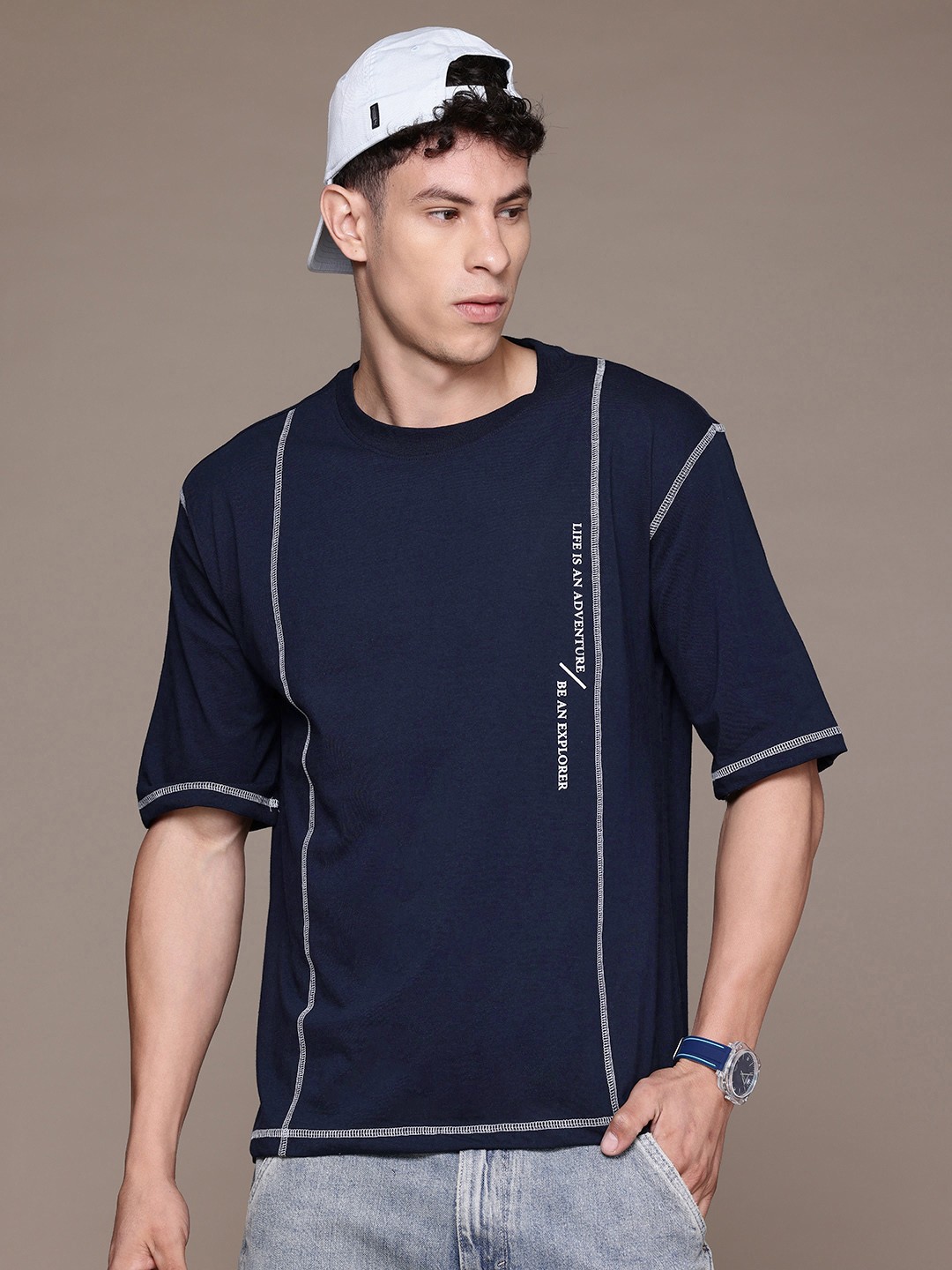 

The Roadster Lifestyle Co. Men Striped Oversized T-shirt, Navy blue