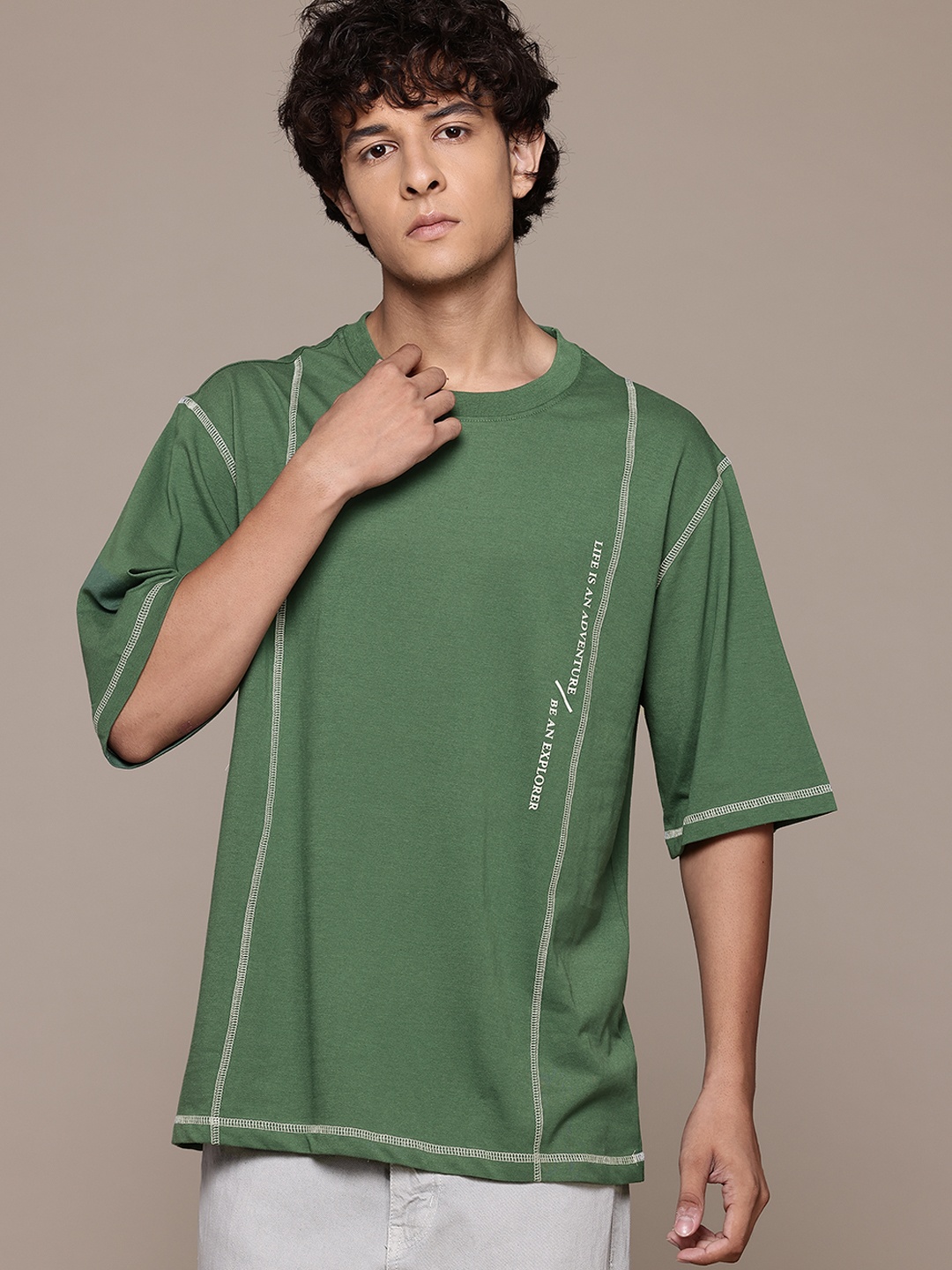 

The Roadster Lifestyle Co. Drop-Shoulder Sleeves Oversized T-shirt, Green