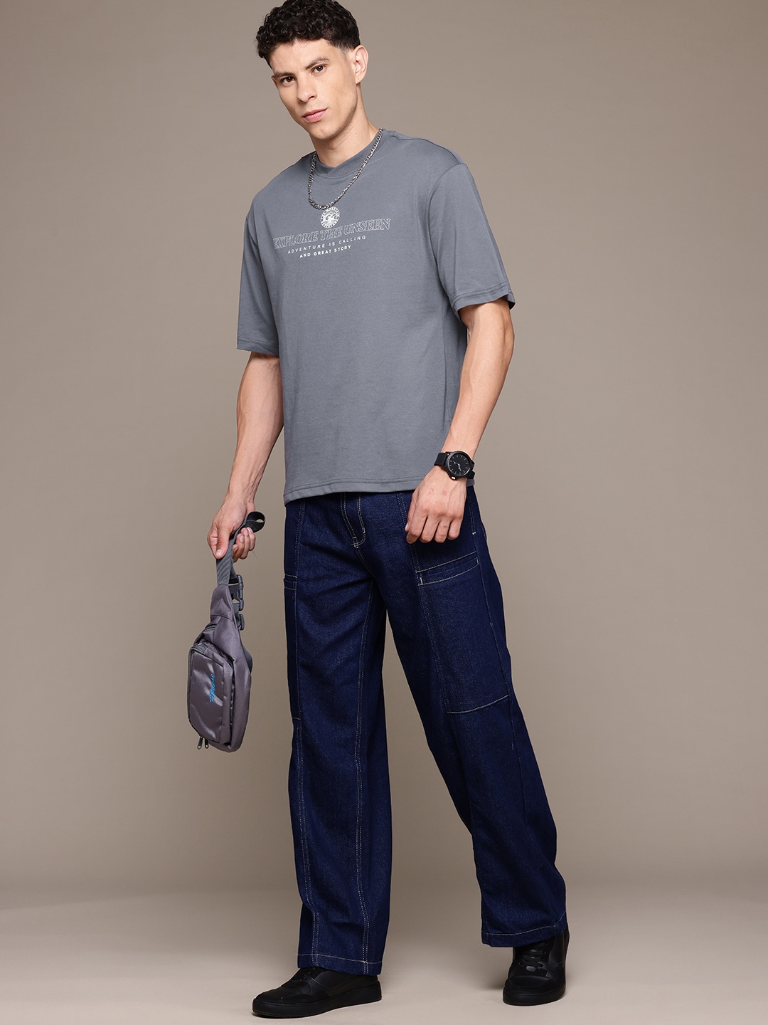 

The Roadster Lifestyle Co. Typography Printed Oversized Fit T-shirt, Grey