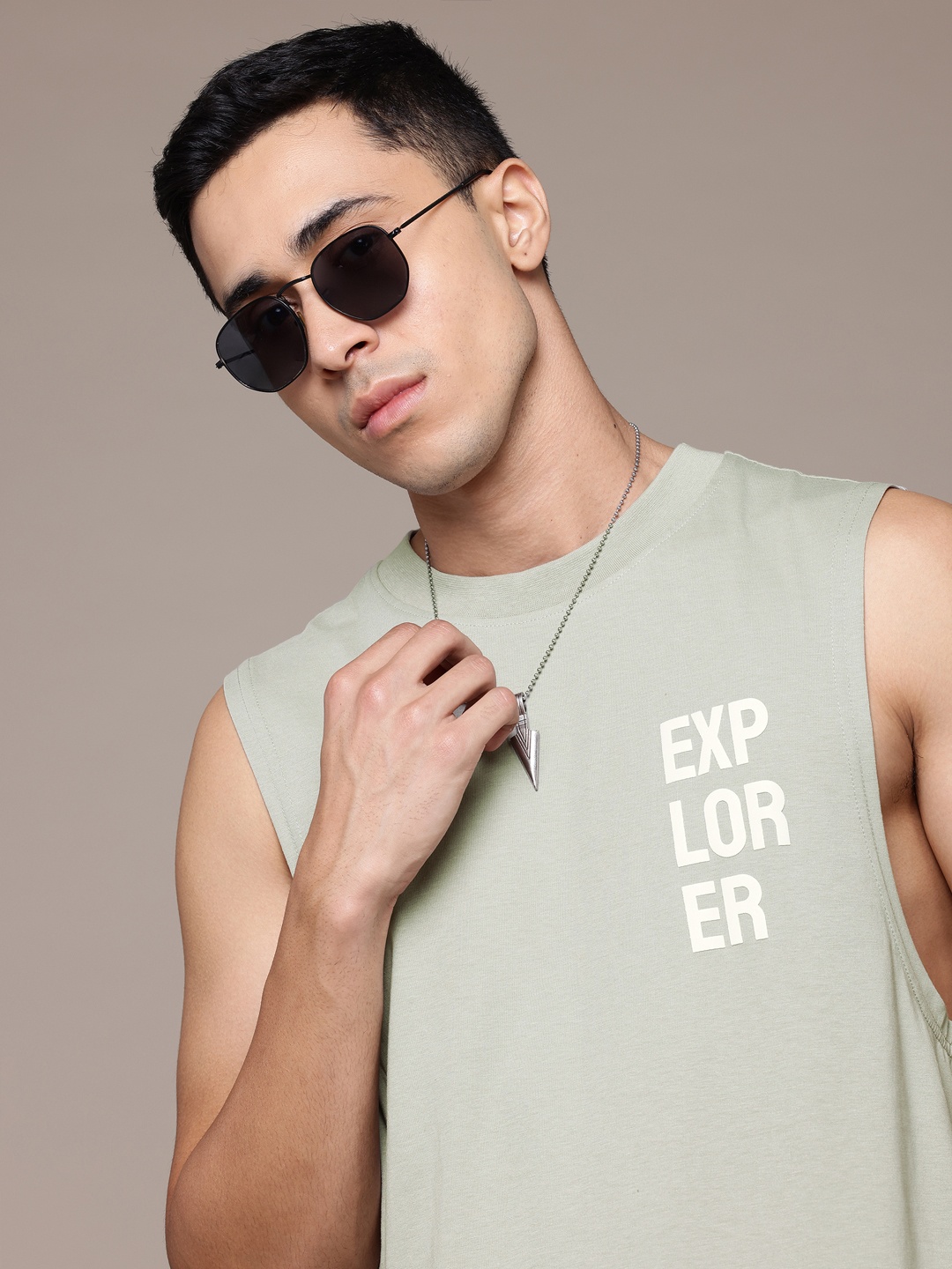 

The Roadster Lifestyle Co. Typography Printed Sleeveless Oversized T-shirt, Green