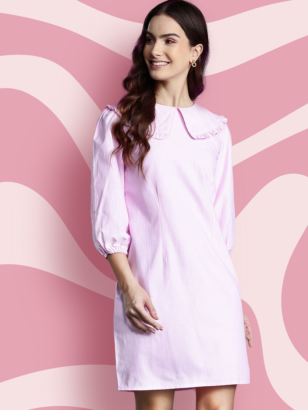 

DressBerry Basics Pinstriped Peter Pan Collar A-Line Dress, Pink