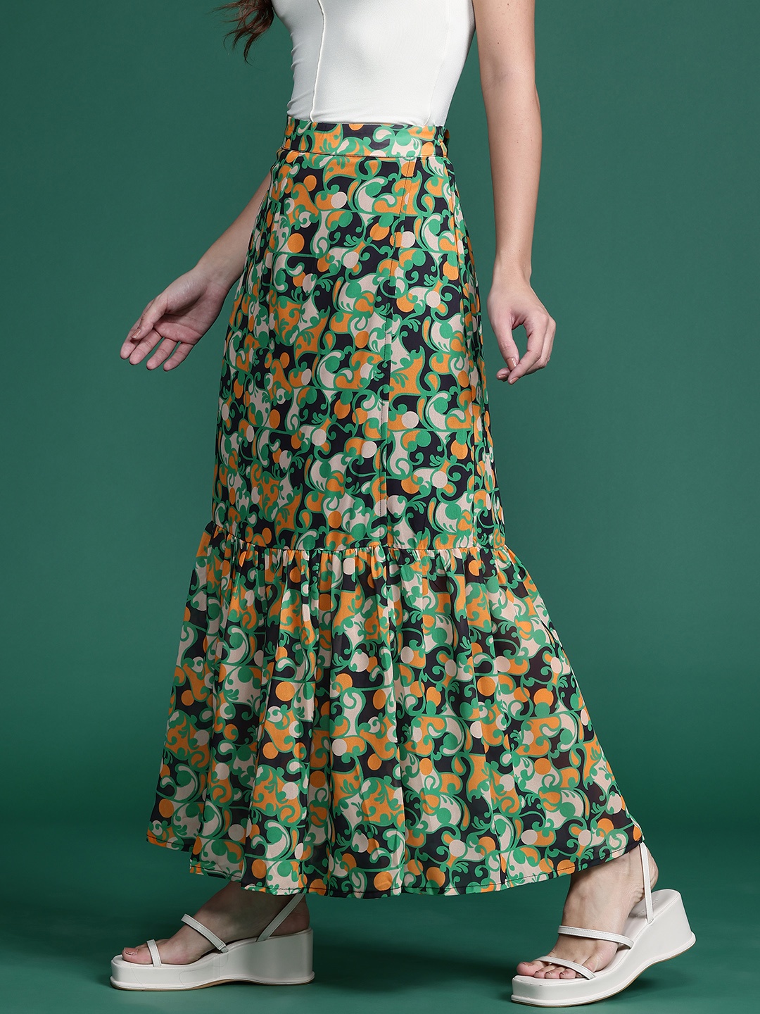 

DressBerry Women Printed Tiered Maxi Skirt, Green