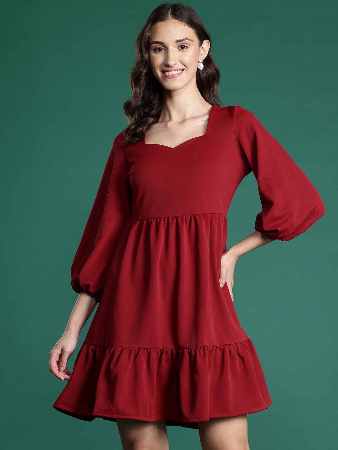 

DressBerry Sweetheart Neck Puff Sleeve A-Line Dress, Maroon