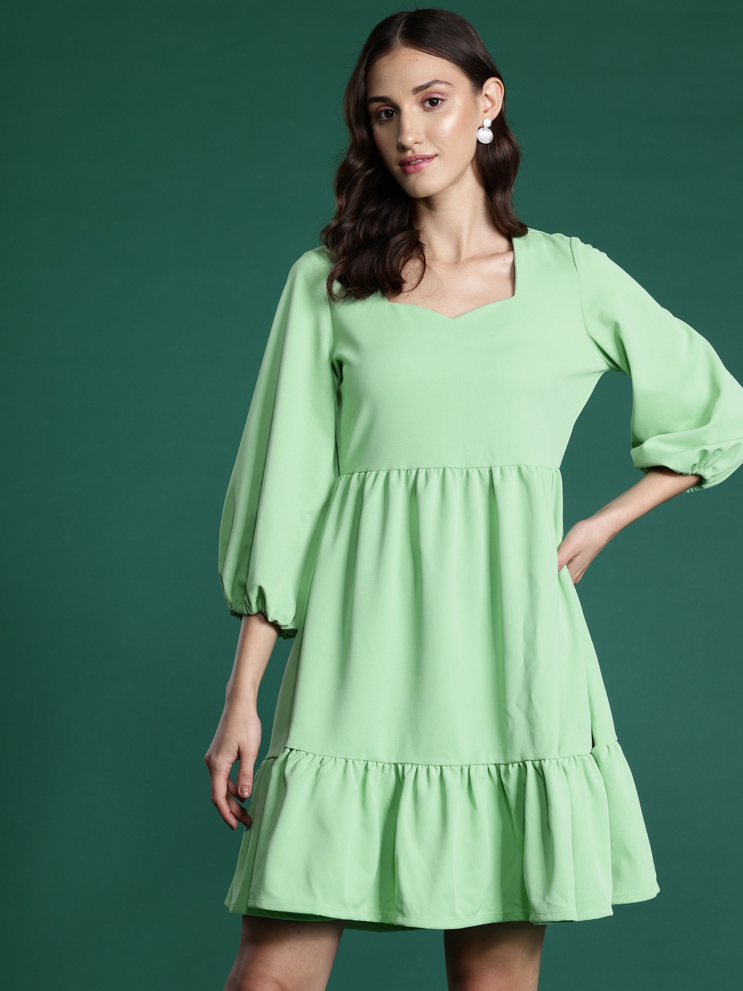 

DressBerry Sweetheart Neck Puff Sleeve A-Line Dress, Green