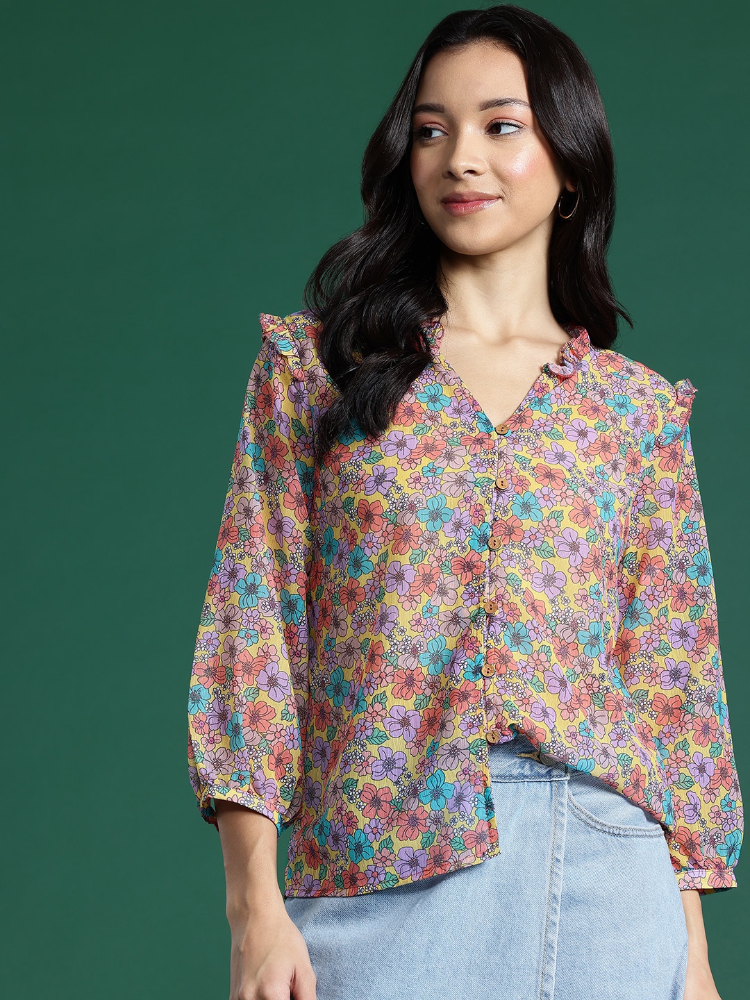 

DressBerry Floral Print Ruffled Shirt Style Top, Multi