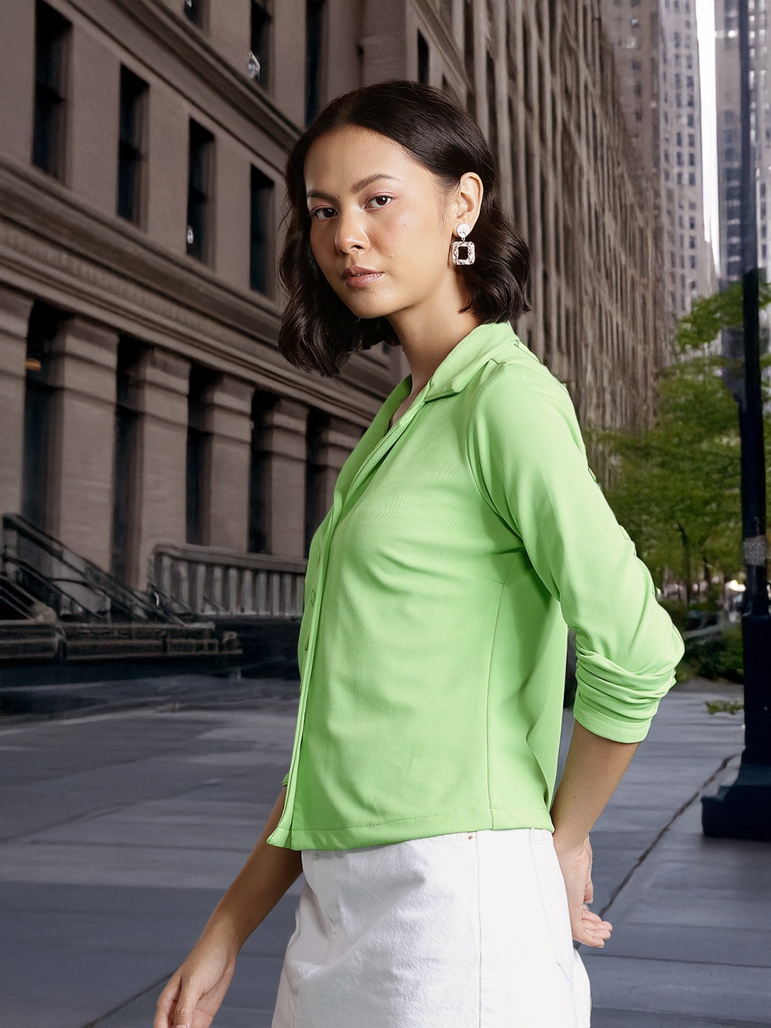 

DressBerry Bizwear Lapel Collar Shirt Style Top, Lime green