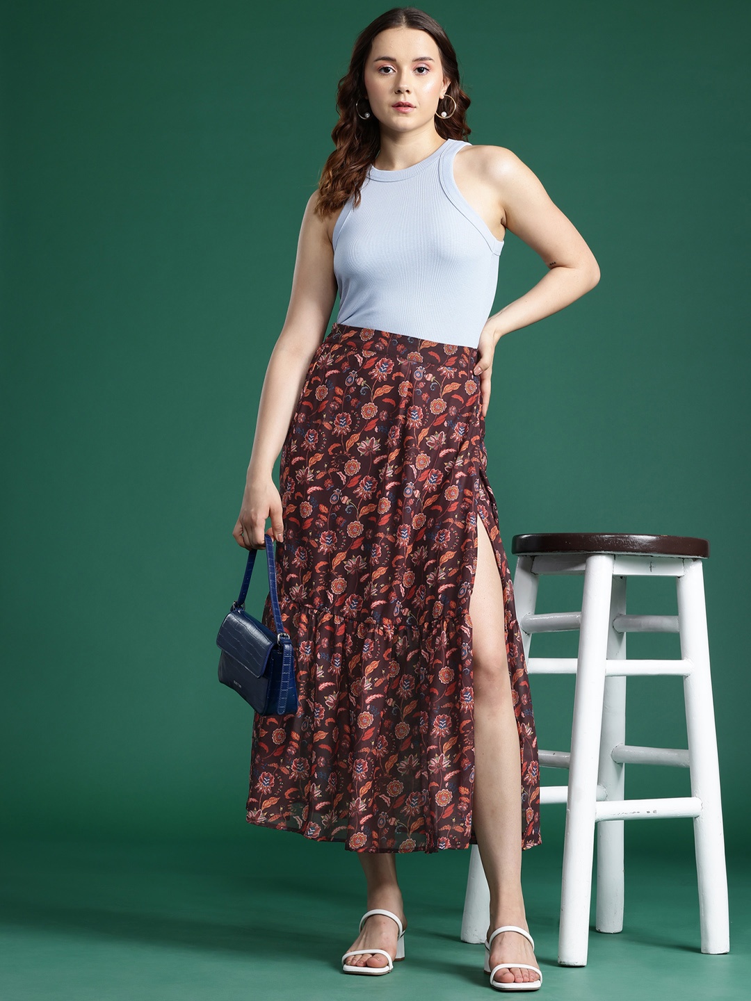 

DressBerry Floral Print Slit Midi Skirt, Brown