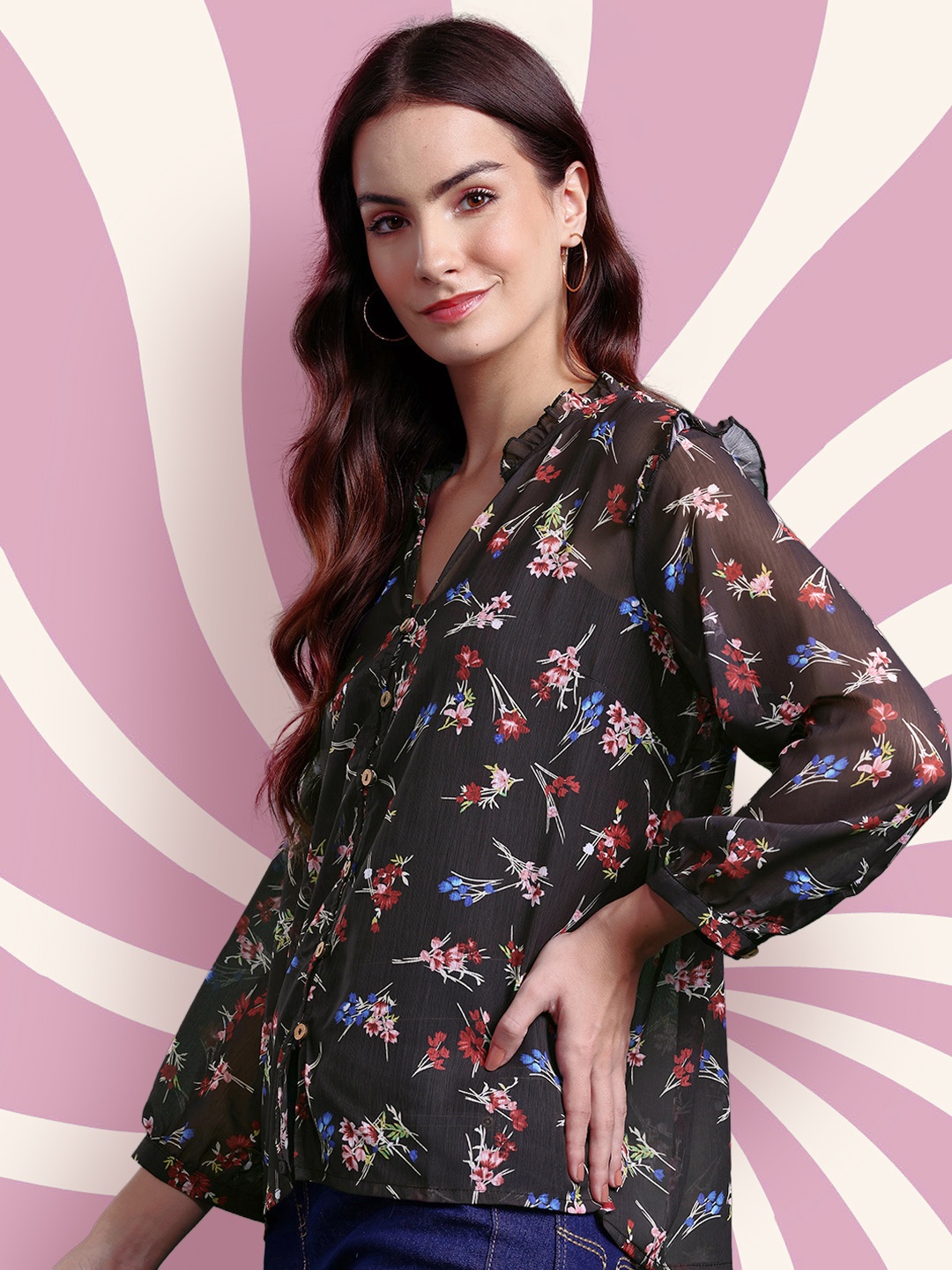 

DressBerry Floral Print Ruffles Shirt Style Top, Black