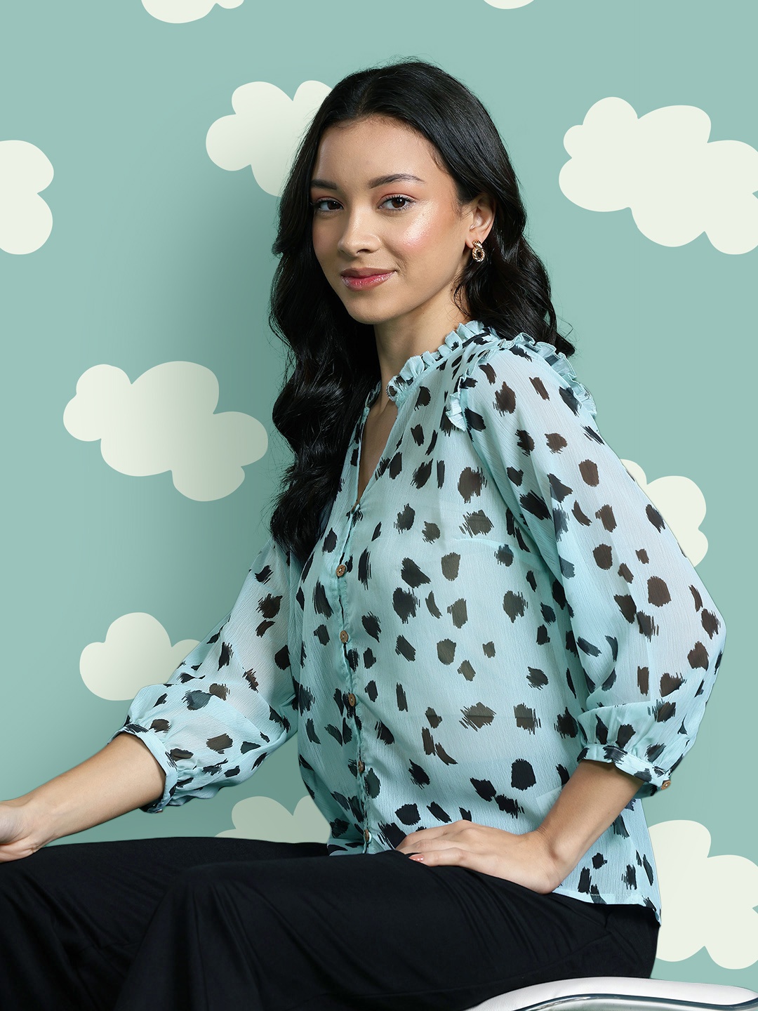 

DressBerry Basics Printed Mandarin Collar Shirt Style Top, Blue
