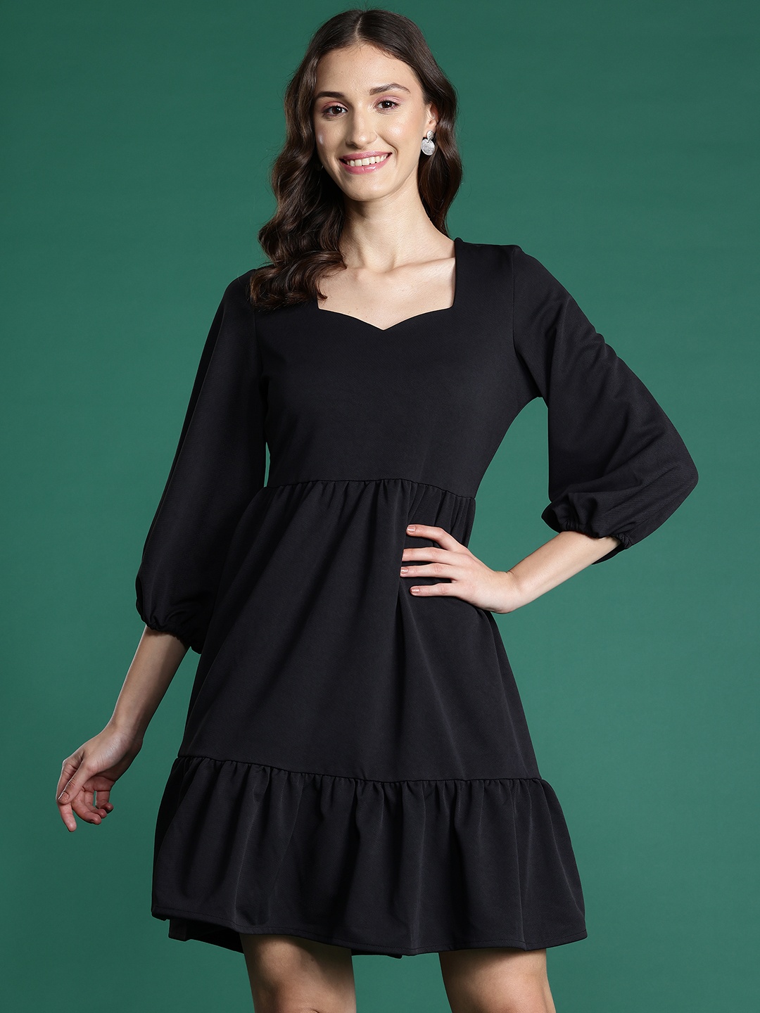 

DressBerry Sweetheart Neck Puff Sleeve A-Line Dress, Black