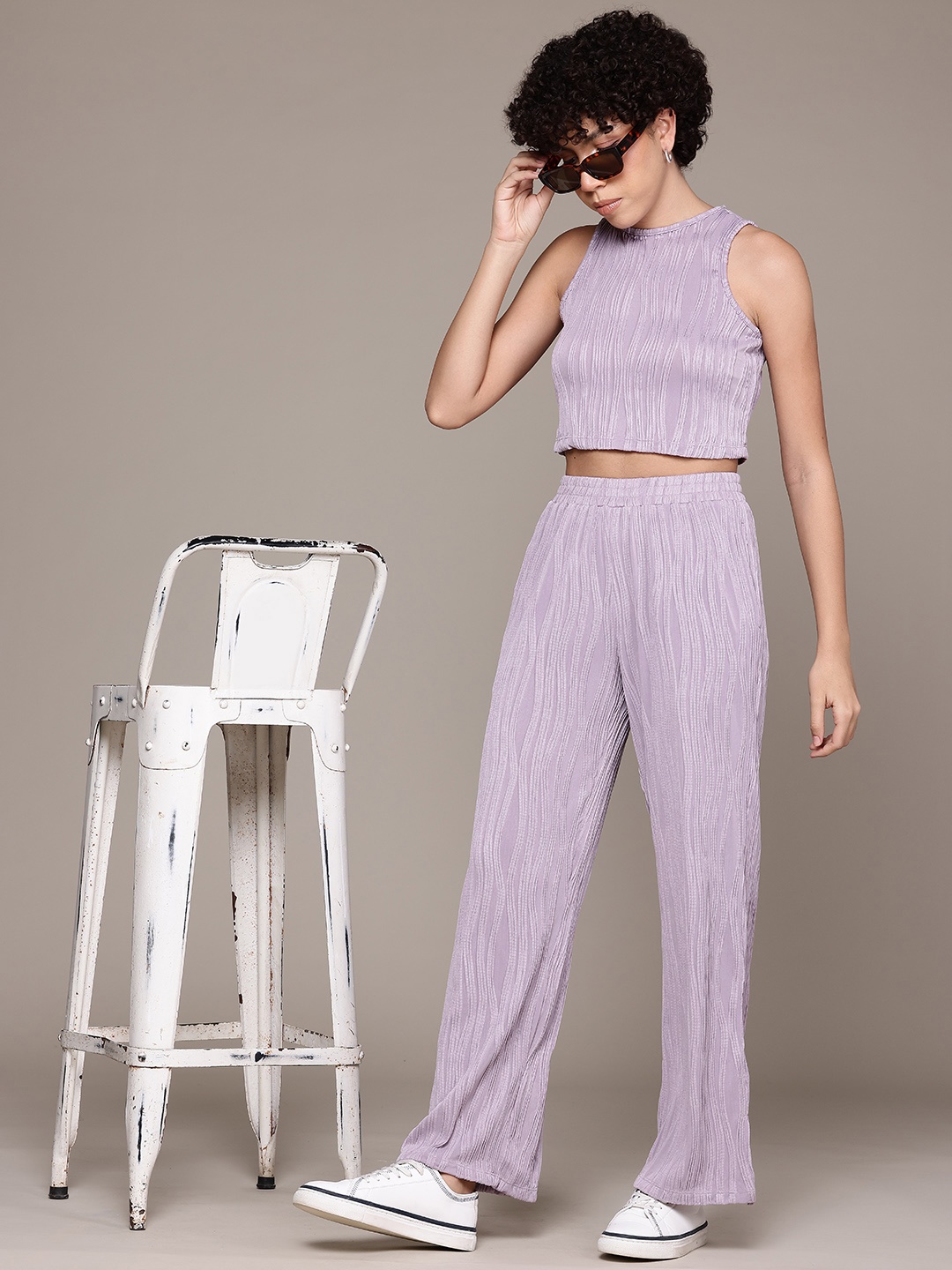 

The Roadster Lifestyle Co. Plisse-Detail Top with Trouser Co-Ords, Mauve