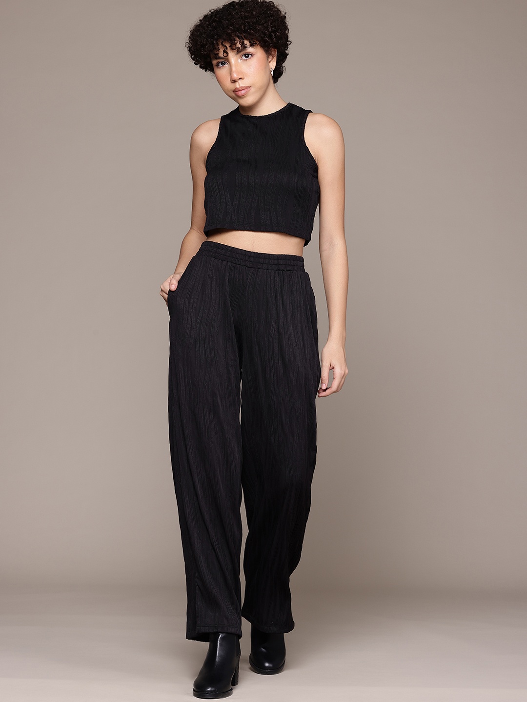 

The Roadster Lifestyle Co. Plisse-Detail Top with Trouser Co-Ords, Black