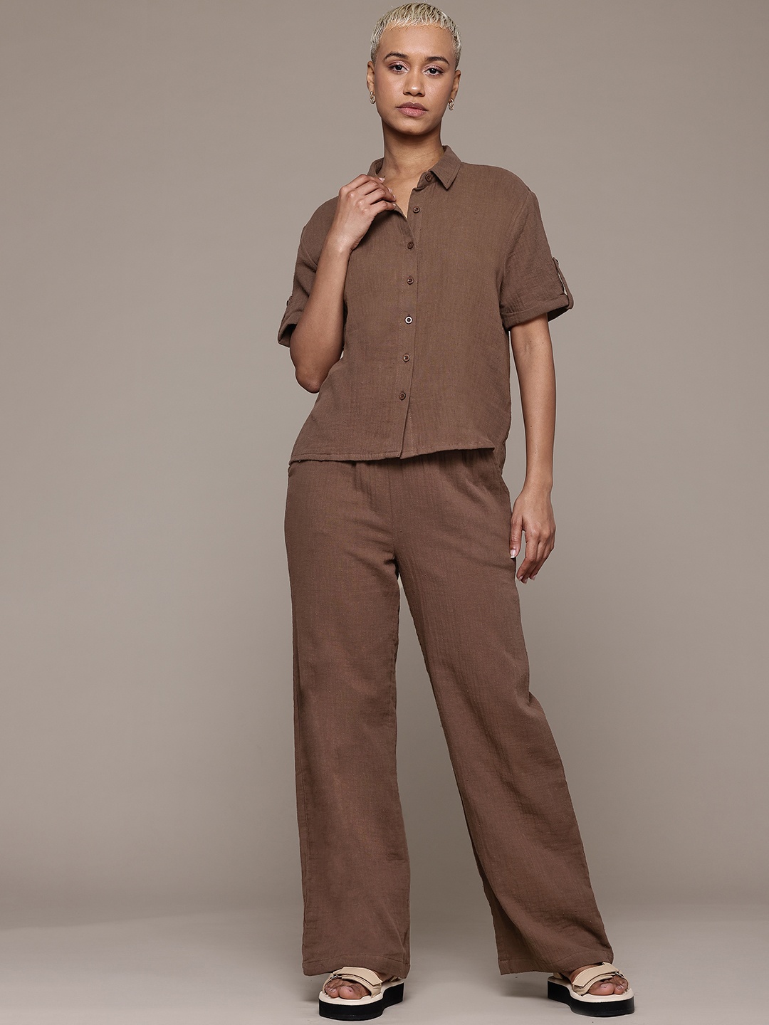 

The Roadster Lifestyle Co. Pure Cotton Shirt with Trousers Co-Ord Set, Brown