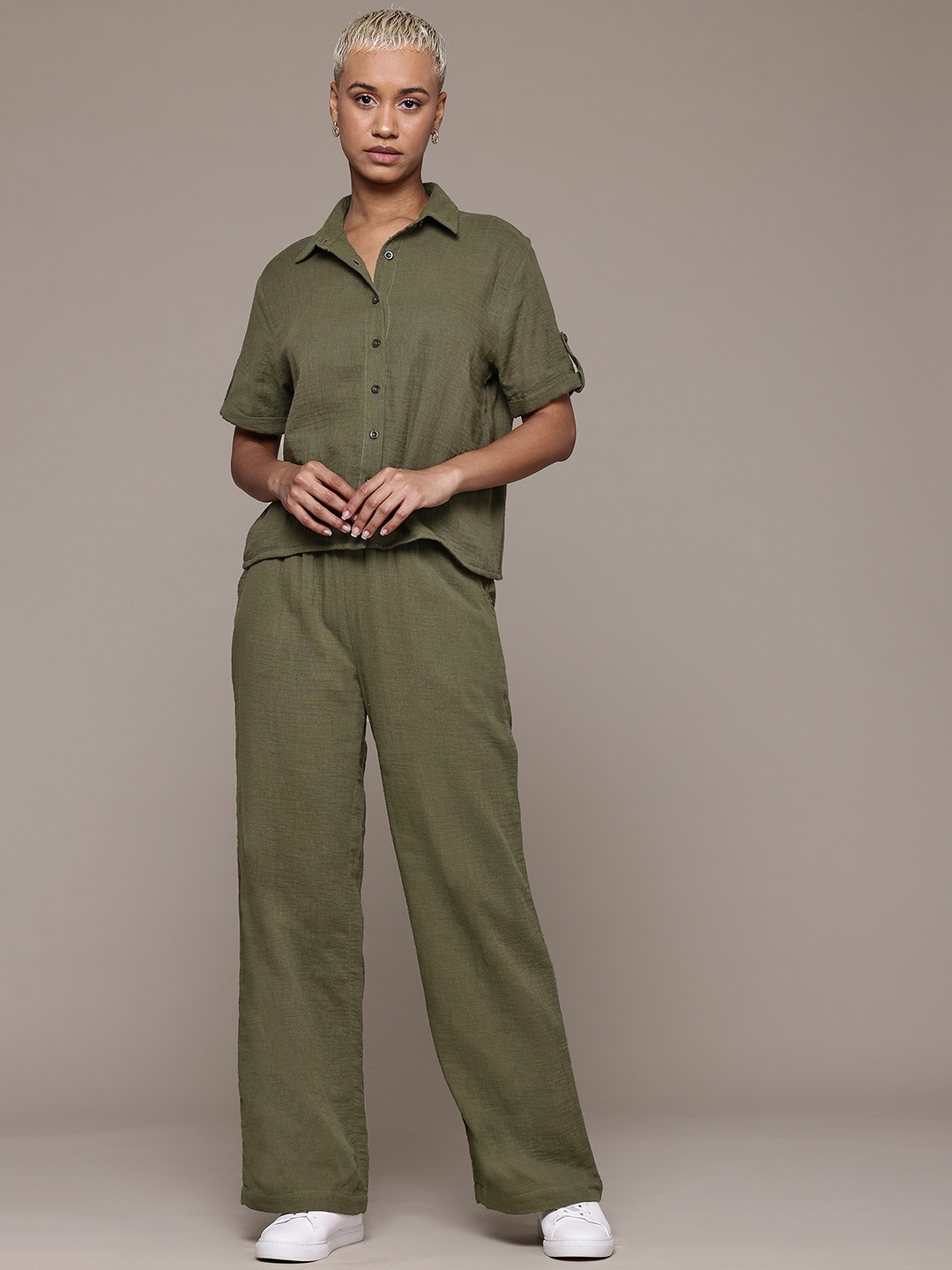 

The Roadster Lifestyle Co. Pure Cotton Shirt with Trousers Co-Ord Set, Olive