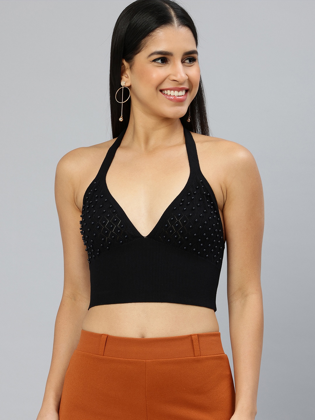 

London Rag Embellished Halter Neck Bralette Crop Top, Black