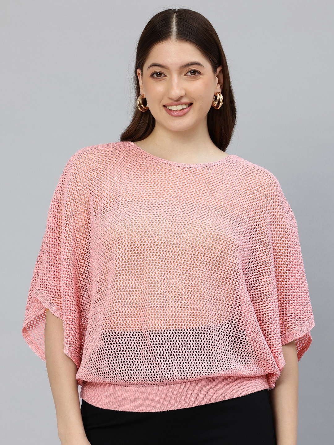 

London Rag Batwing Sleeves Sheer Top, Pink