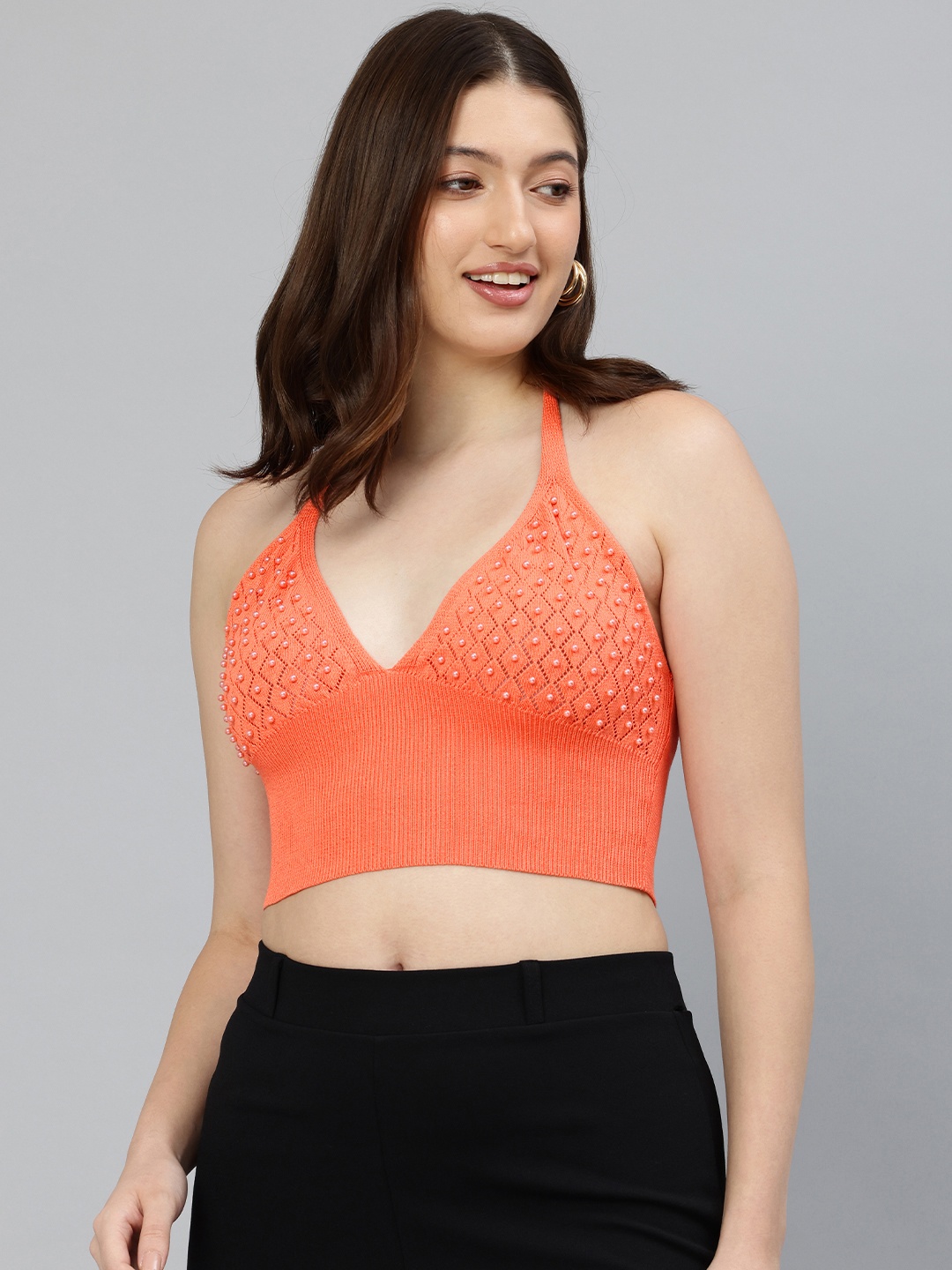 

London Rag Embellished Halter Neck Bralette Crop Top, Coral