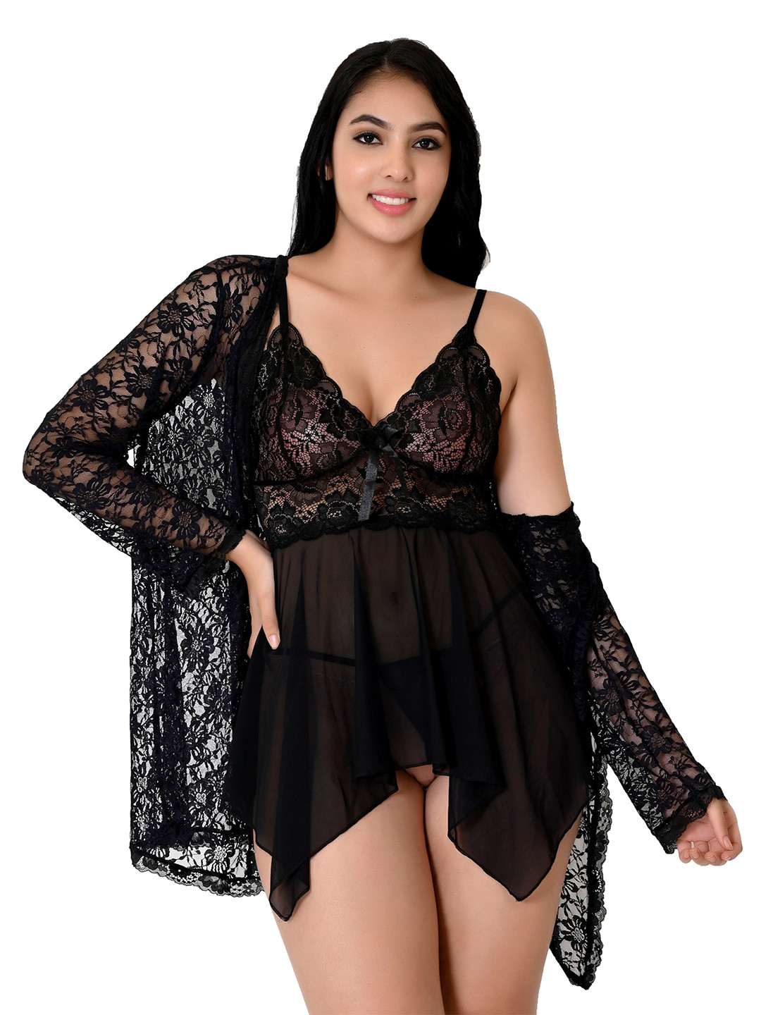 

Fihana Self Design Shoulder Straps Satin Baby Doll, Black