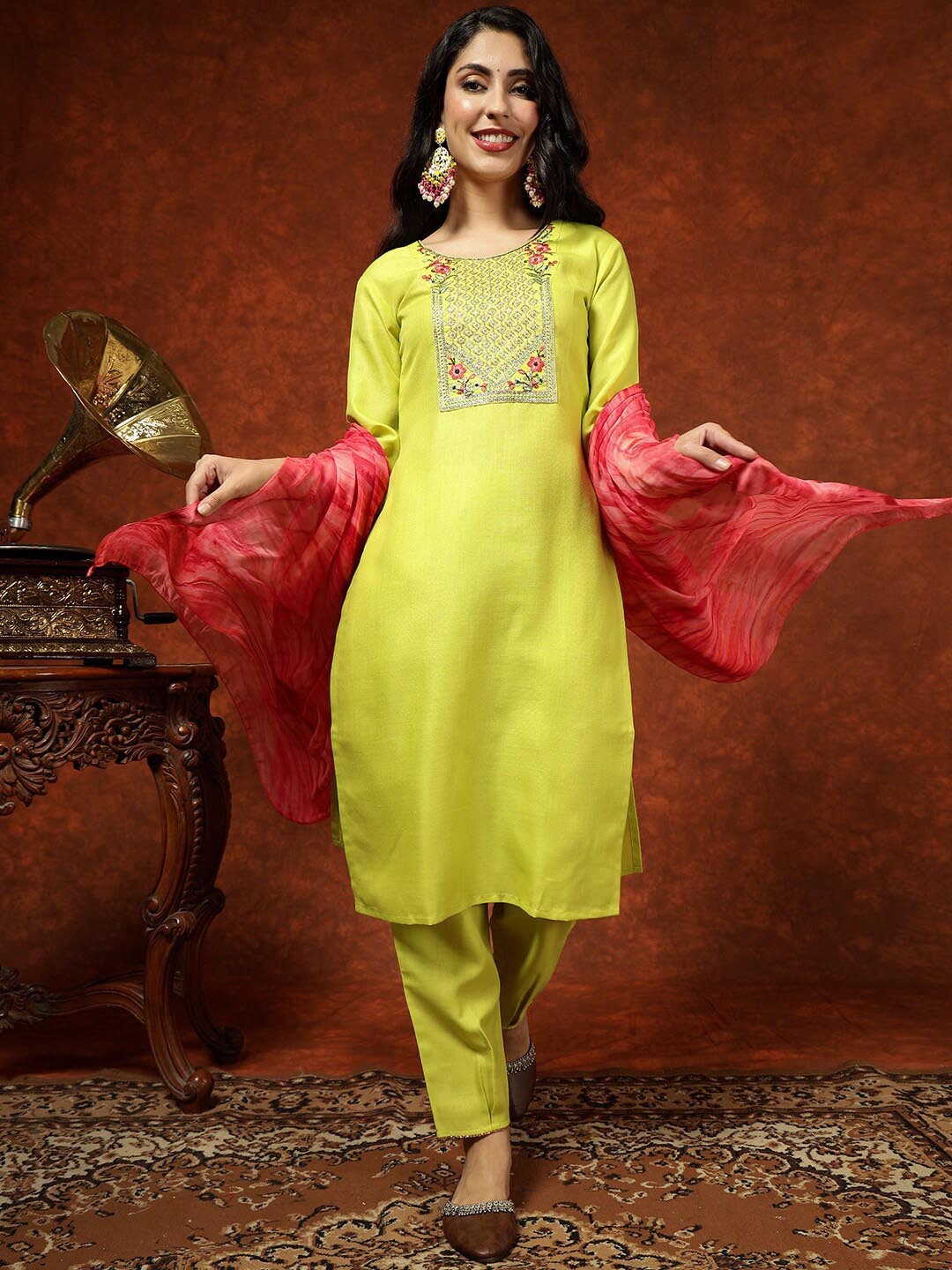 

KALINI Floral Yoke Design Sequinned Kurta with Trousers & With Dupatta, Green