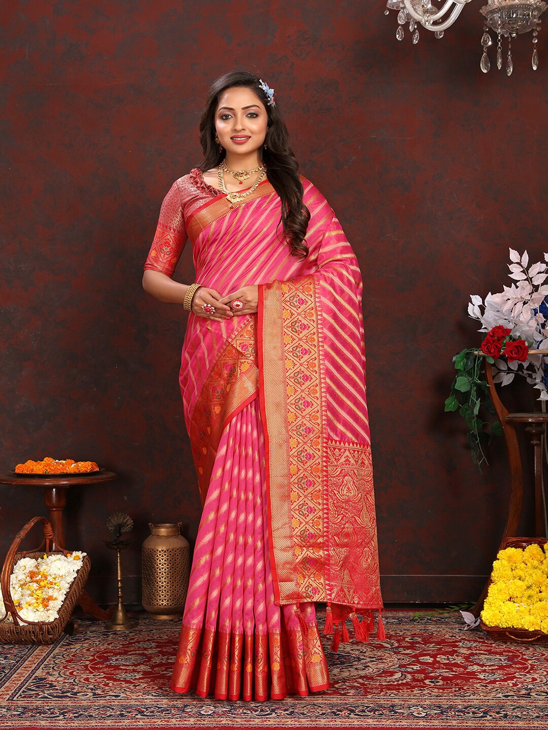 

MARGI DESIGNERS Ethnic Motif Woven Design Zari Organza Banarasi Saree, Pink