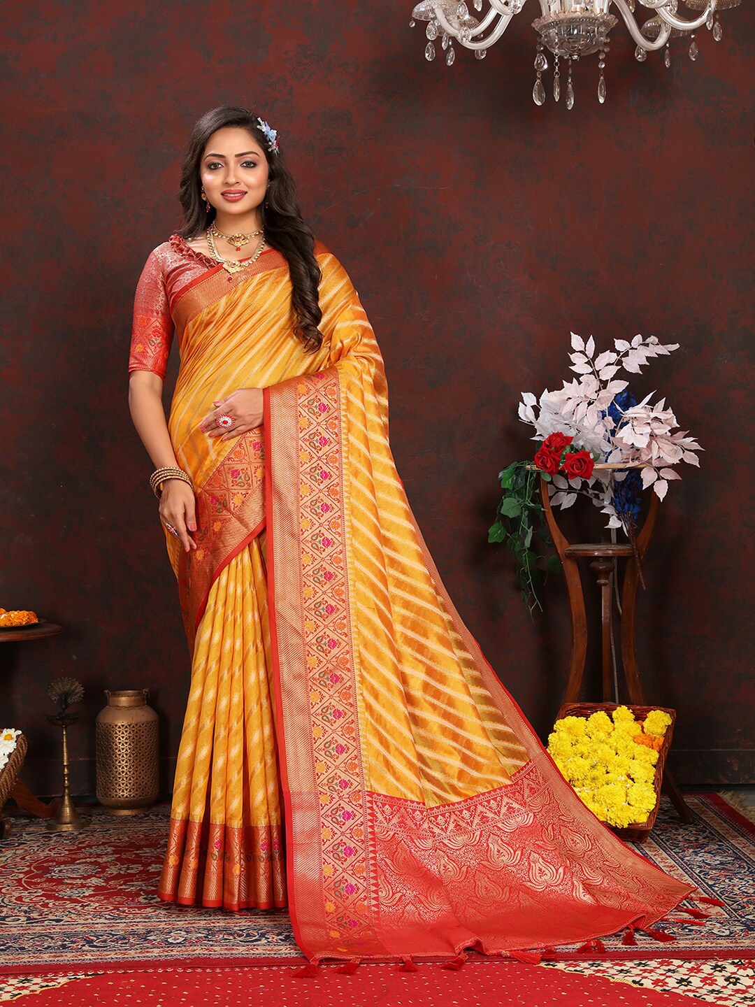 

MARGI DESIGNERS Woven Design Zari Organza Banarasi Saree, Yellow