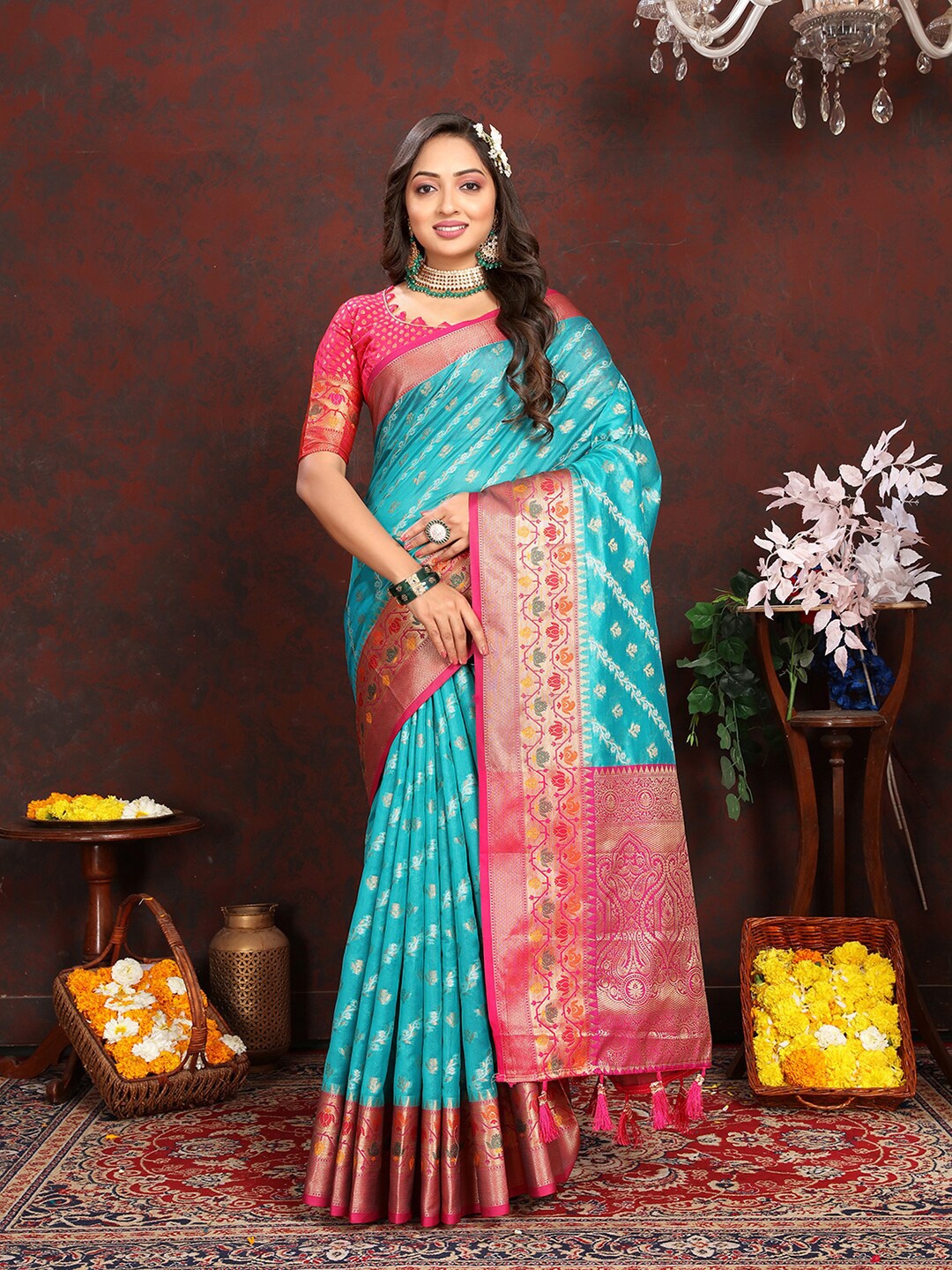 

MARGI DESIGNERS Ethnic Motif Woven Design Zari Organza Banarasi Saree, Turquoise blue