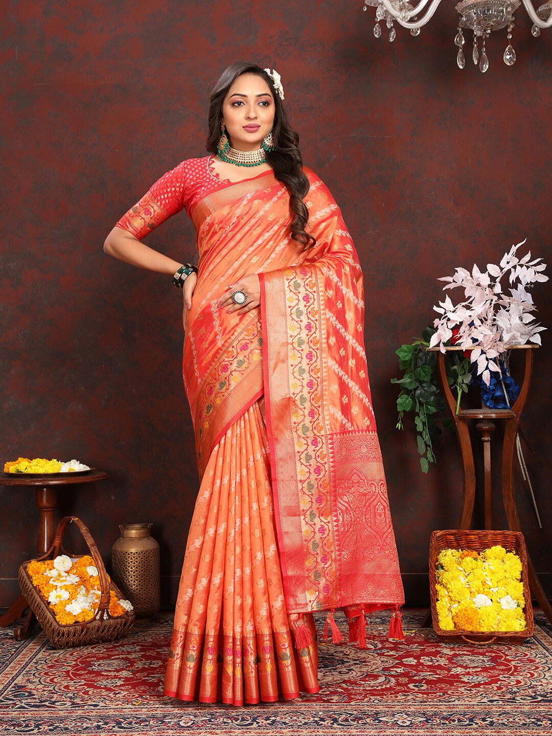 

MARGI DESIGNERS Ethnic Motif Woven Design Zari Organza Saree, Orange