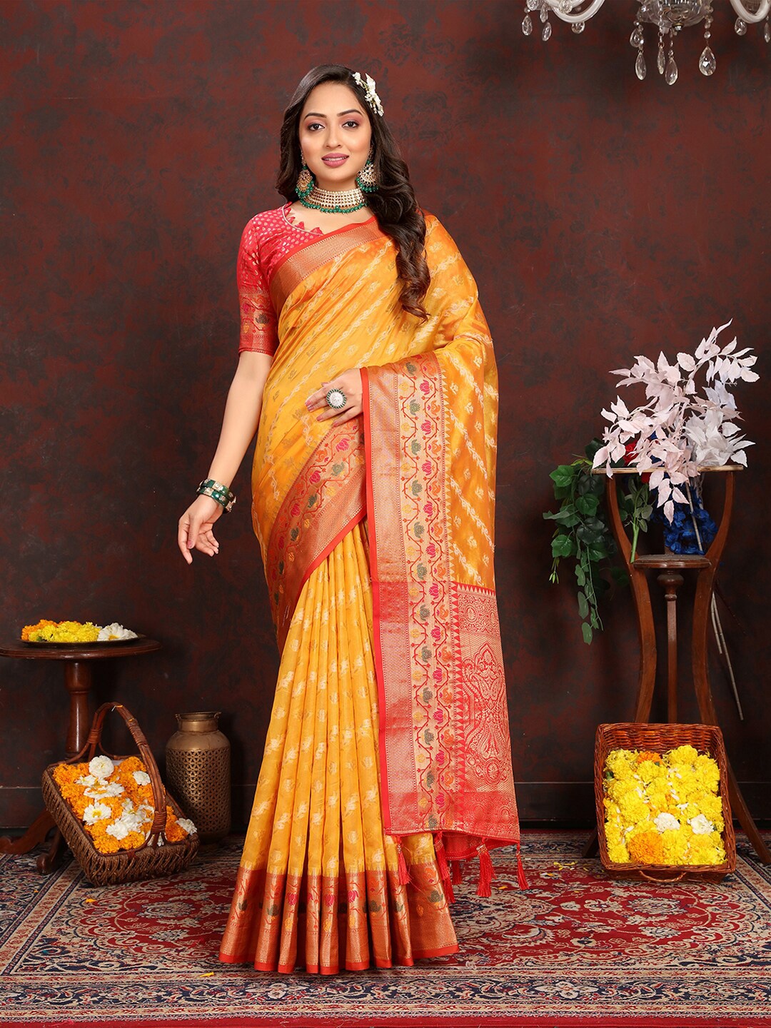 

MARGI DESIGNERS Ethnic Motifs Woven Design Zari Organza Banarasi Saree, Yellow