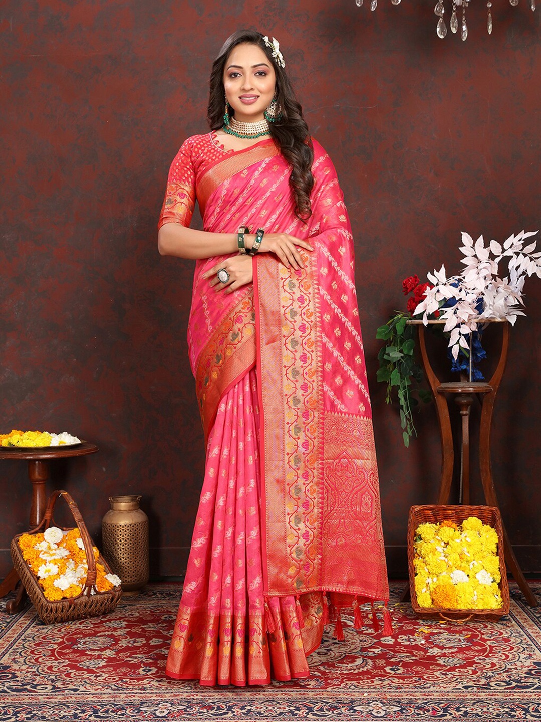 

MARGI DESIGNERS Ethnic Motifs Woven Design Zari Organza Banarasi Saree, Pink