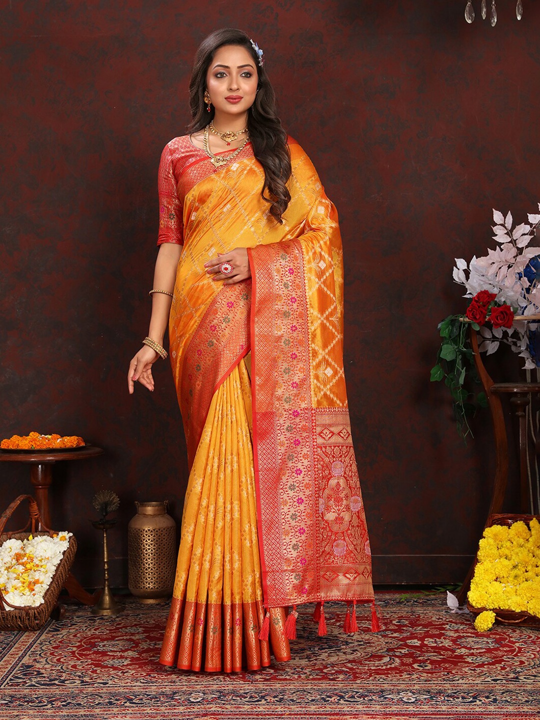 

MARGI DESIGNERS Ethnic Motifs Woven Design Zari Banarasi Saree, Yellow