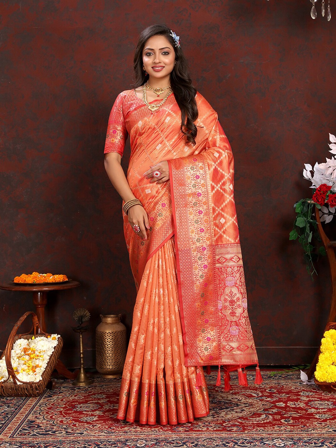 

MARGI DESIGNERS Ethnic Motifs Woven Design Zari Organza Banarasi Saree, Orange