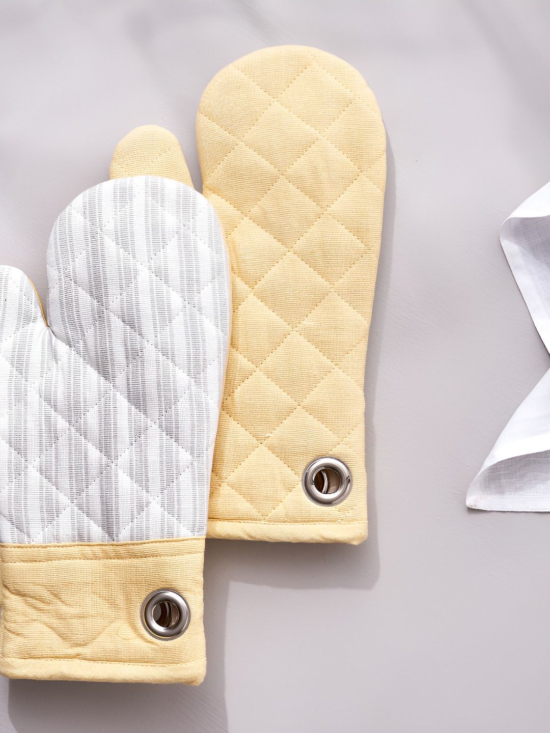 

Home Centre Colour Refresh Yellow & Grey 2 Pieces Quilted Cotton Oven Mittens