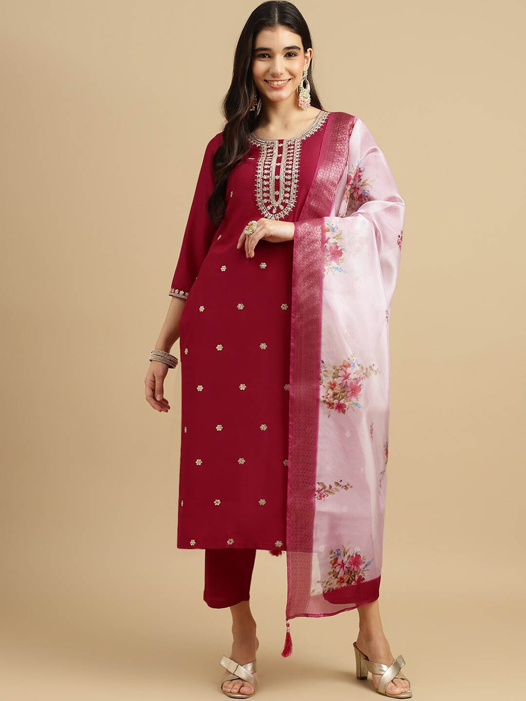 

MOKOSH Regular Sequinned Kurta with Trouser & Dupatta, Pink