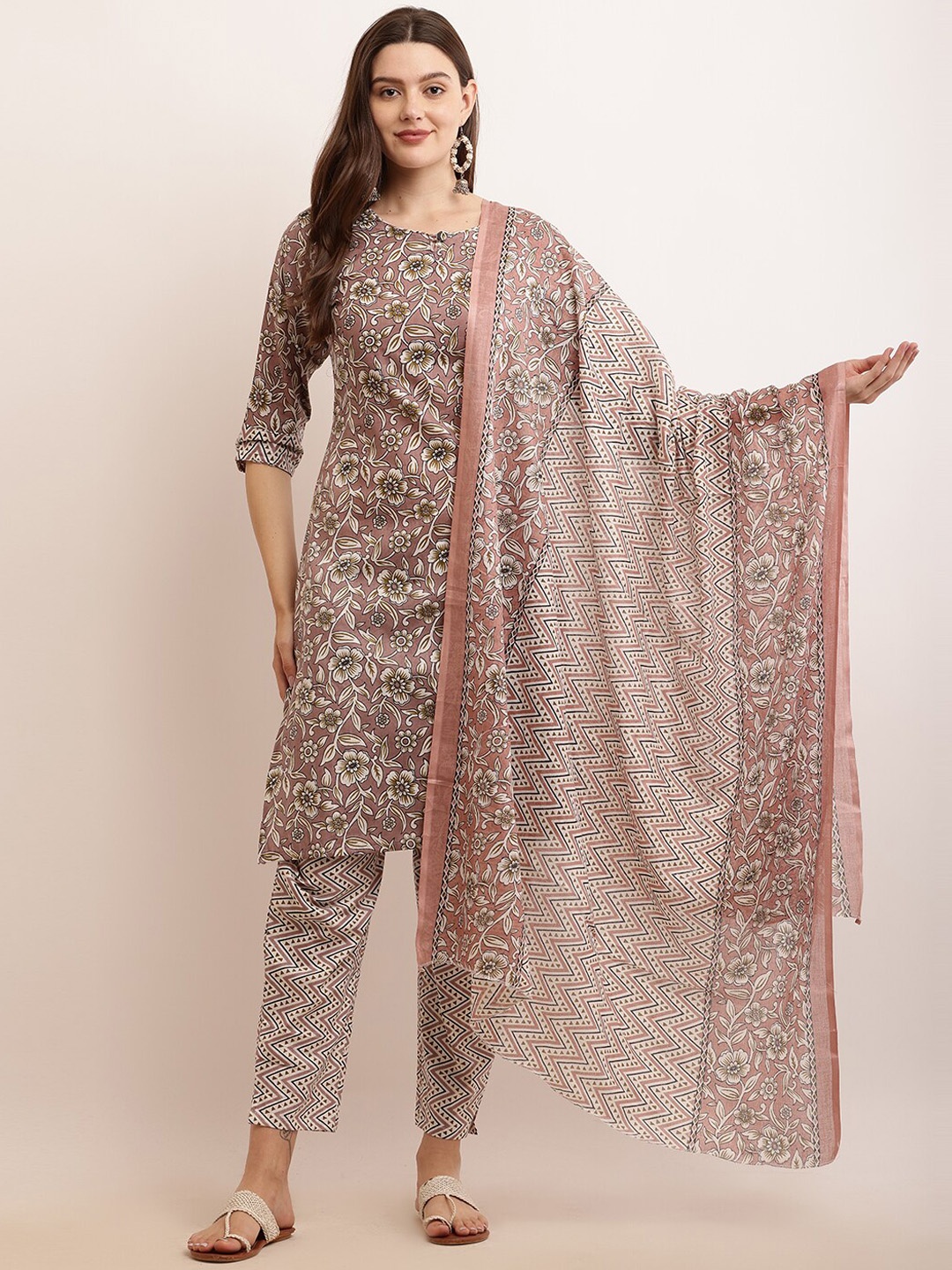 

KETAKI FASHION Floral Printed Pure Cotton Straight Kurta with Trousers & With Dupatta, Beige