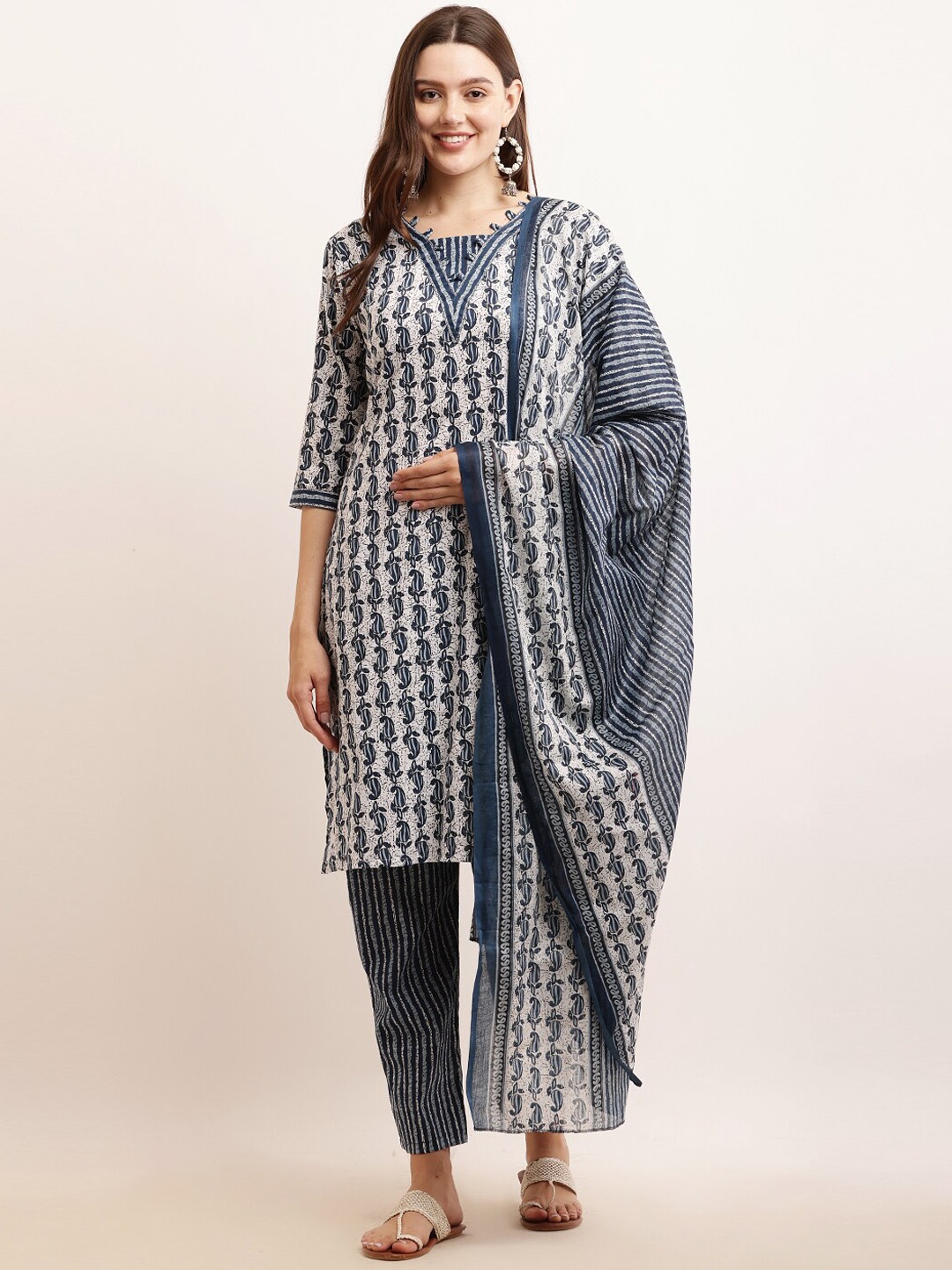 

KETAKI FASHION Ethnic Motifs Printed Pure Cotton Straight Kurta & Trousers With Dupatta, Blue