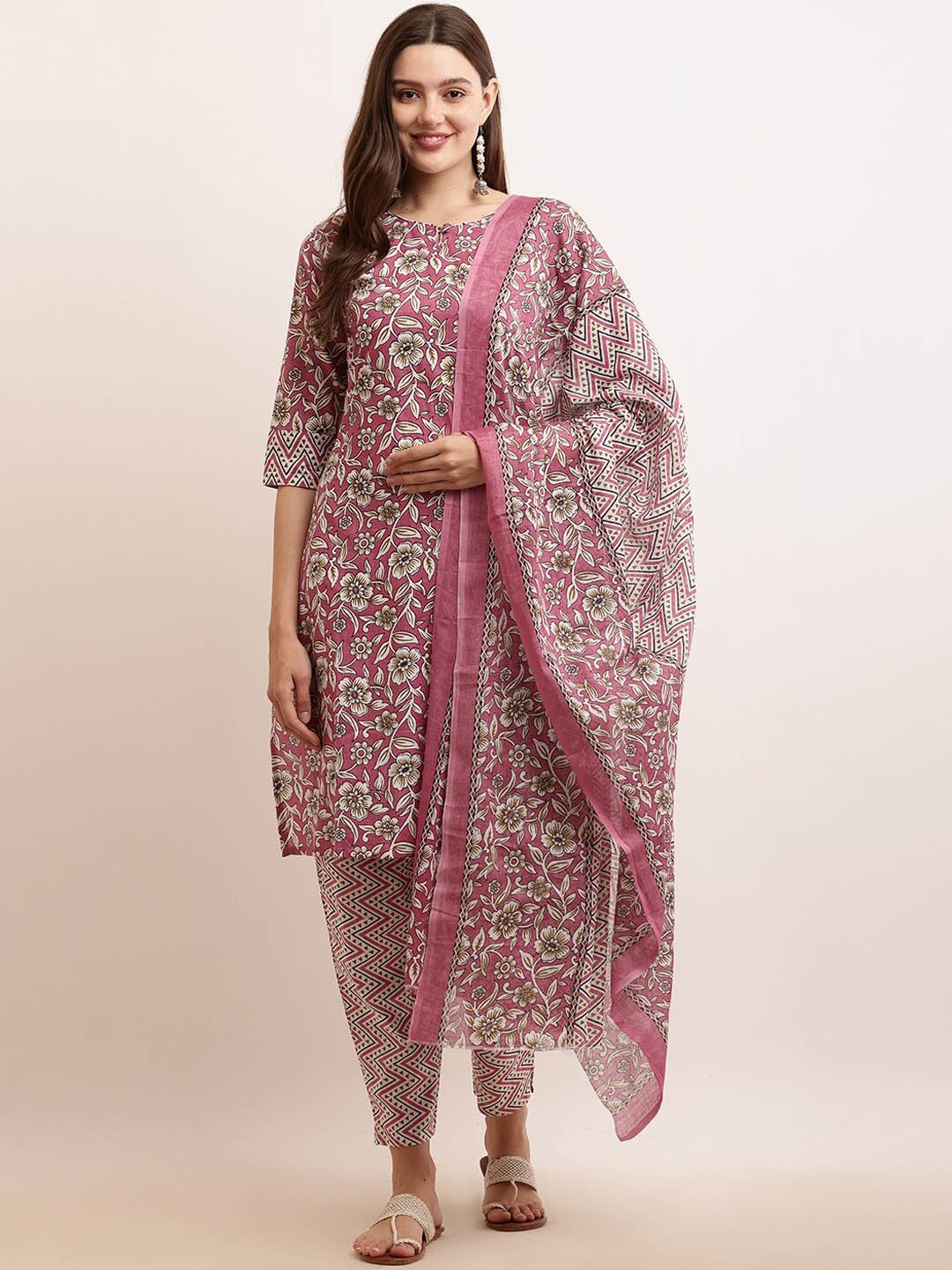 

KETAKI FASHION Floral Printed Regular Pure Cotton Straight Kurta & Trousers With Dupatta, Magenta