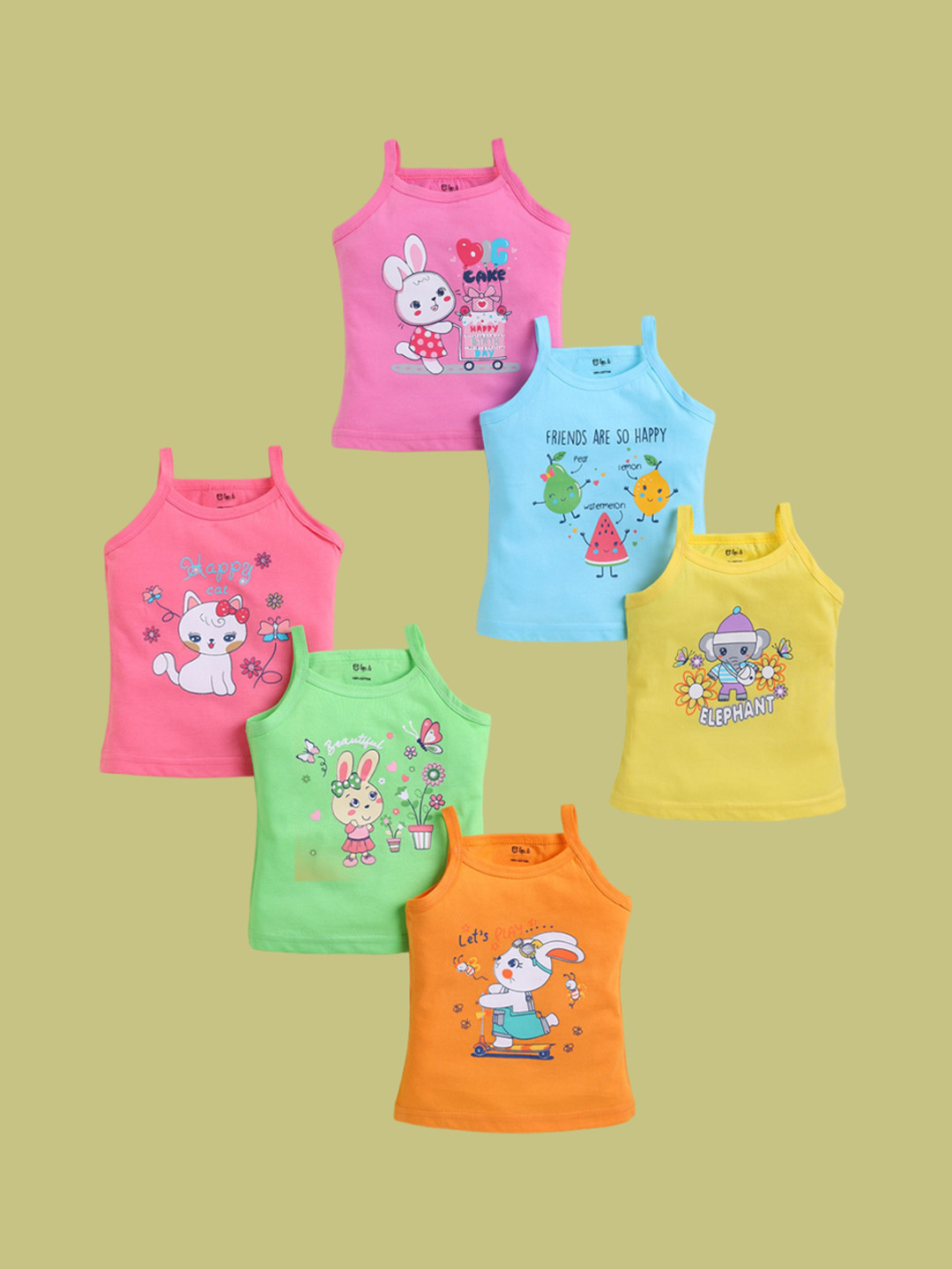 

Redden Girls Pack Of 6 Printed Pure Cotton Camisoles, Blue