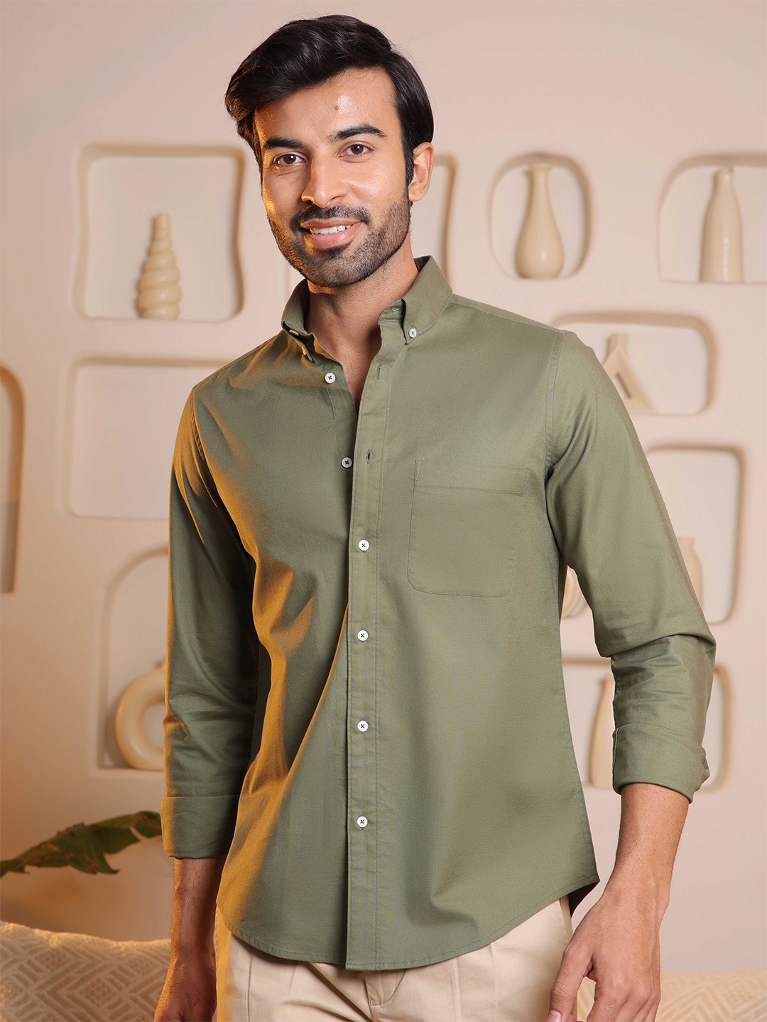 

SUBTRACT Comfort Button Down Collar Oxford Casual Shirt, Olive