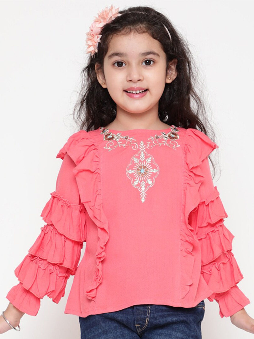 

BAESD Girls Floral Embroidered Flutter Sleeves Top, Peach