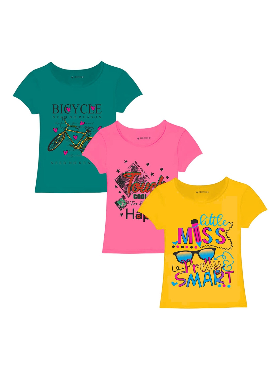 

CoolTees4U Girls Pack Of 3 Graphic Printed Round Neck Short Sleeves Cotton T-shirts, Green