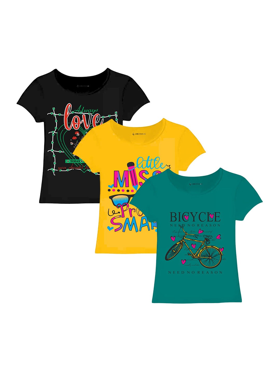 

CoolTees4U Girls Pack Of 3 Graphic Printed Round Neck Short Sleeves Cotton T-shirt, Black